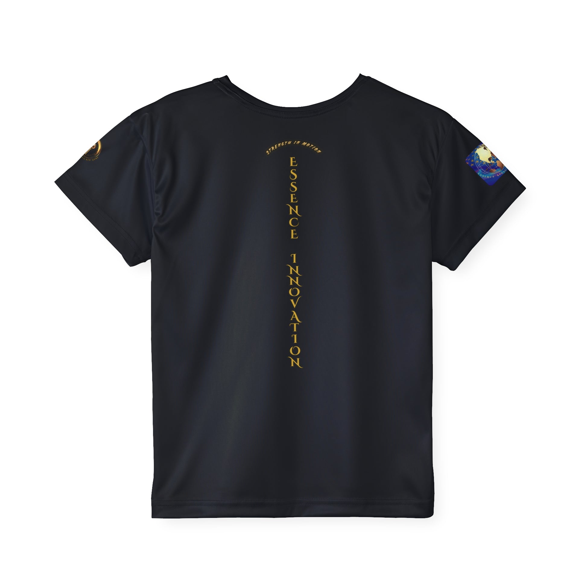 Black Essence Innovation t-shirt with text and designs on a white background