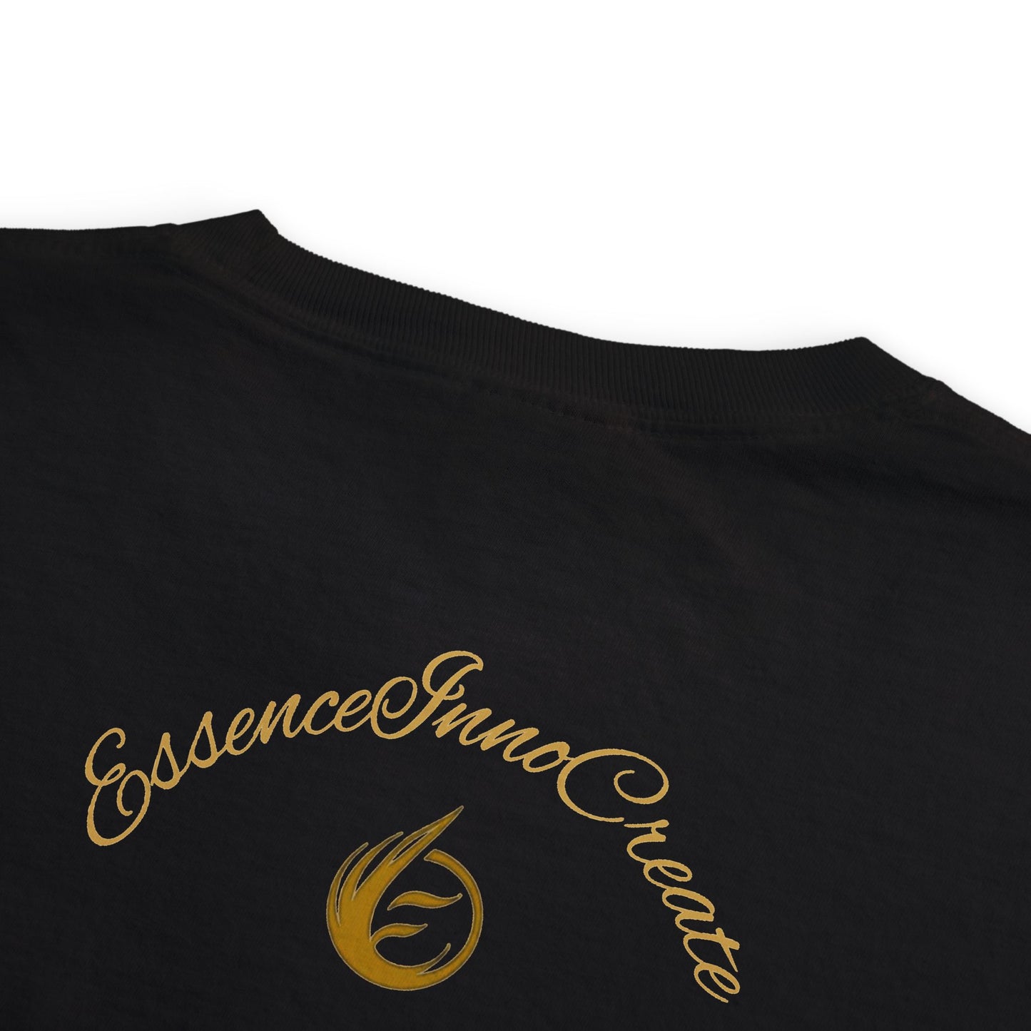 Black shirt with gold 'EssenceInnoCreate' logo on a white background