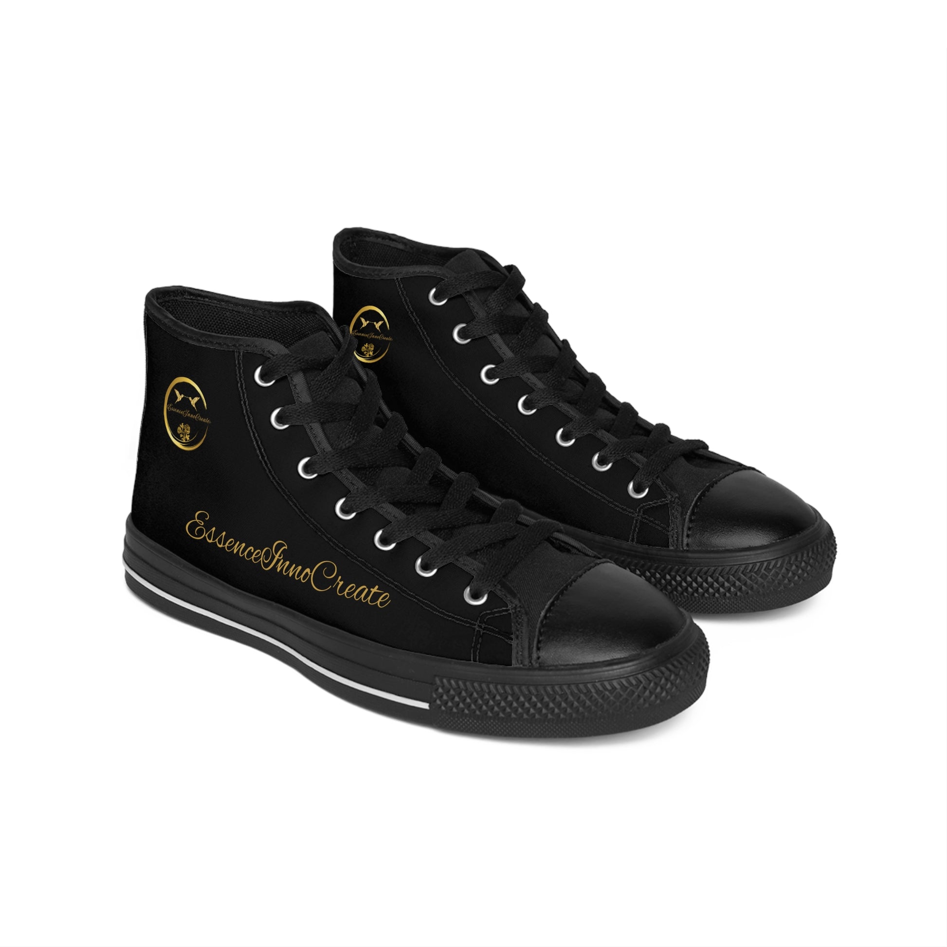 Pair of black high-top 'EssenceInnoCreate' sneakers on a white background