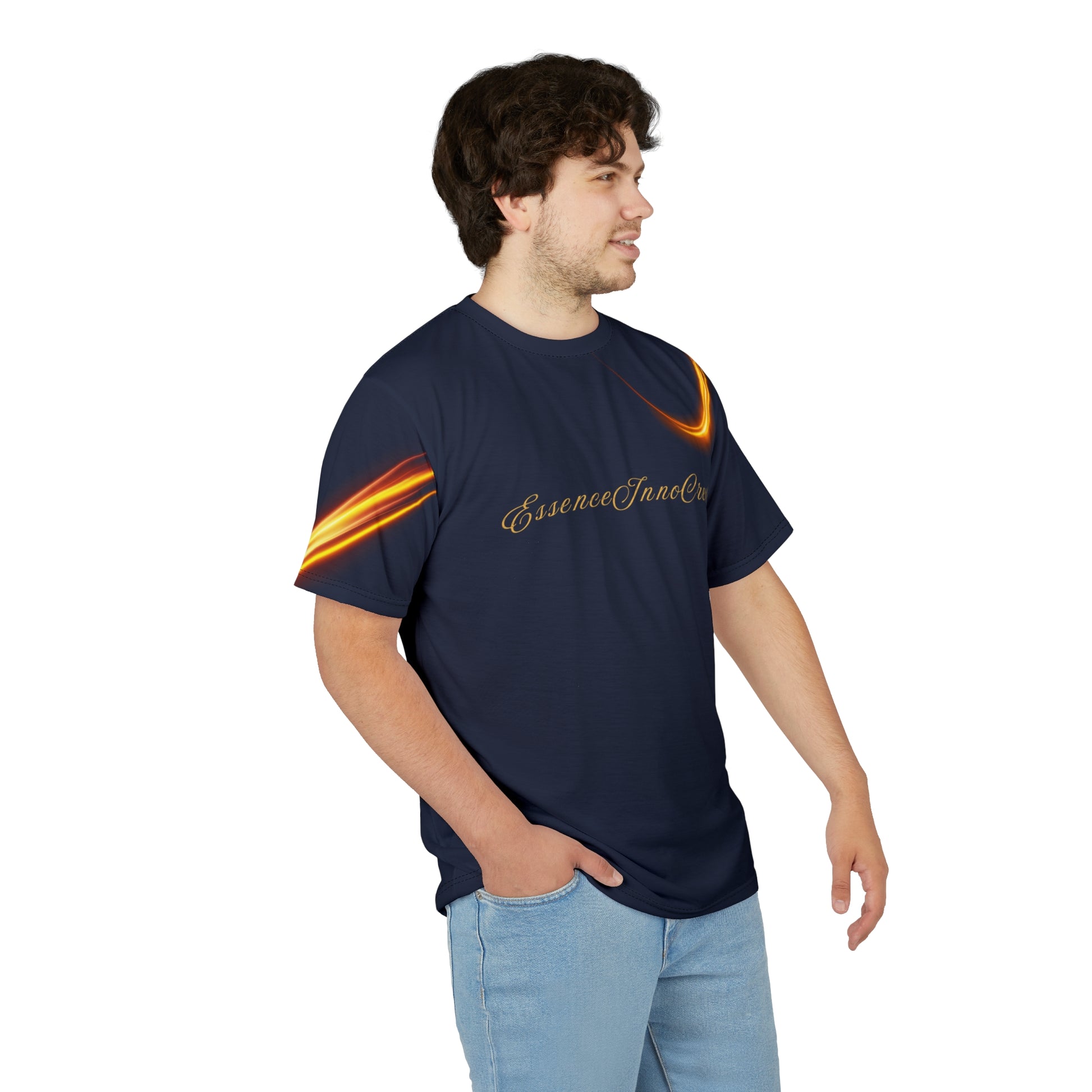 Man wearing a navy blue t-shirt with orange and yellow design on sleeves against a white background