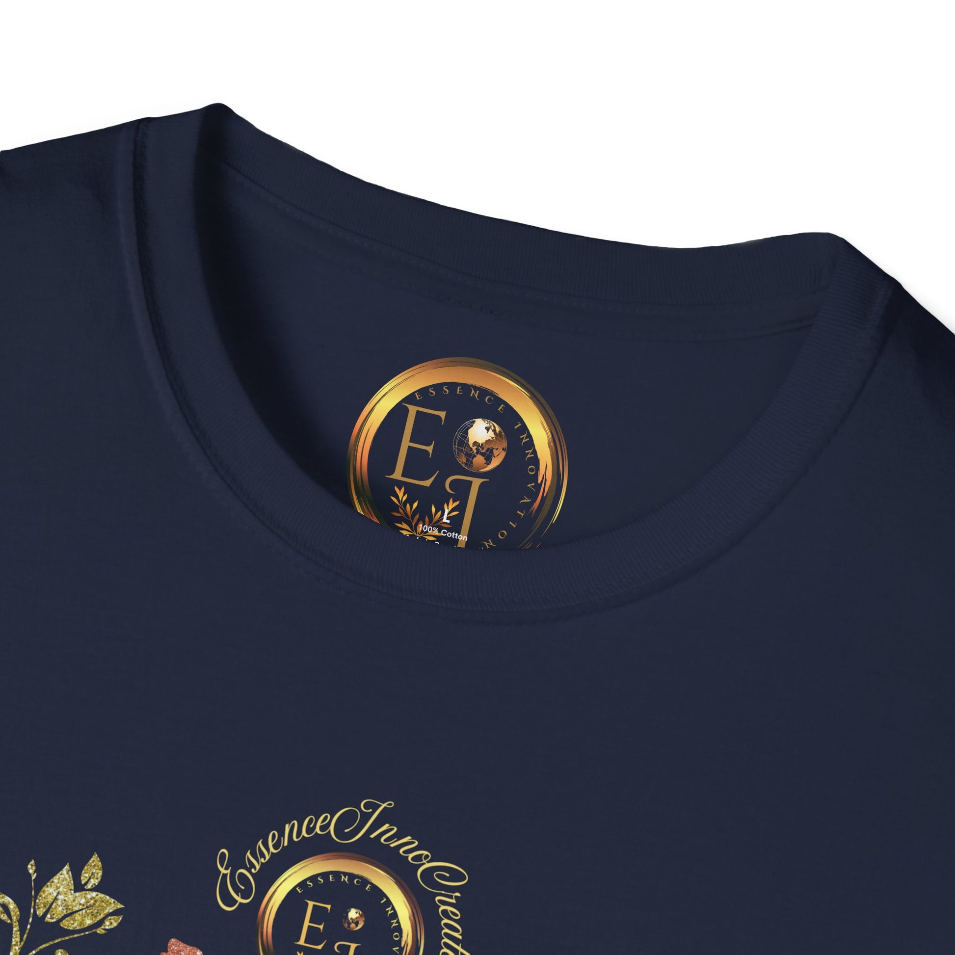 Navy blue shirt with gold Essence Innovation logo and text on a white background