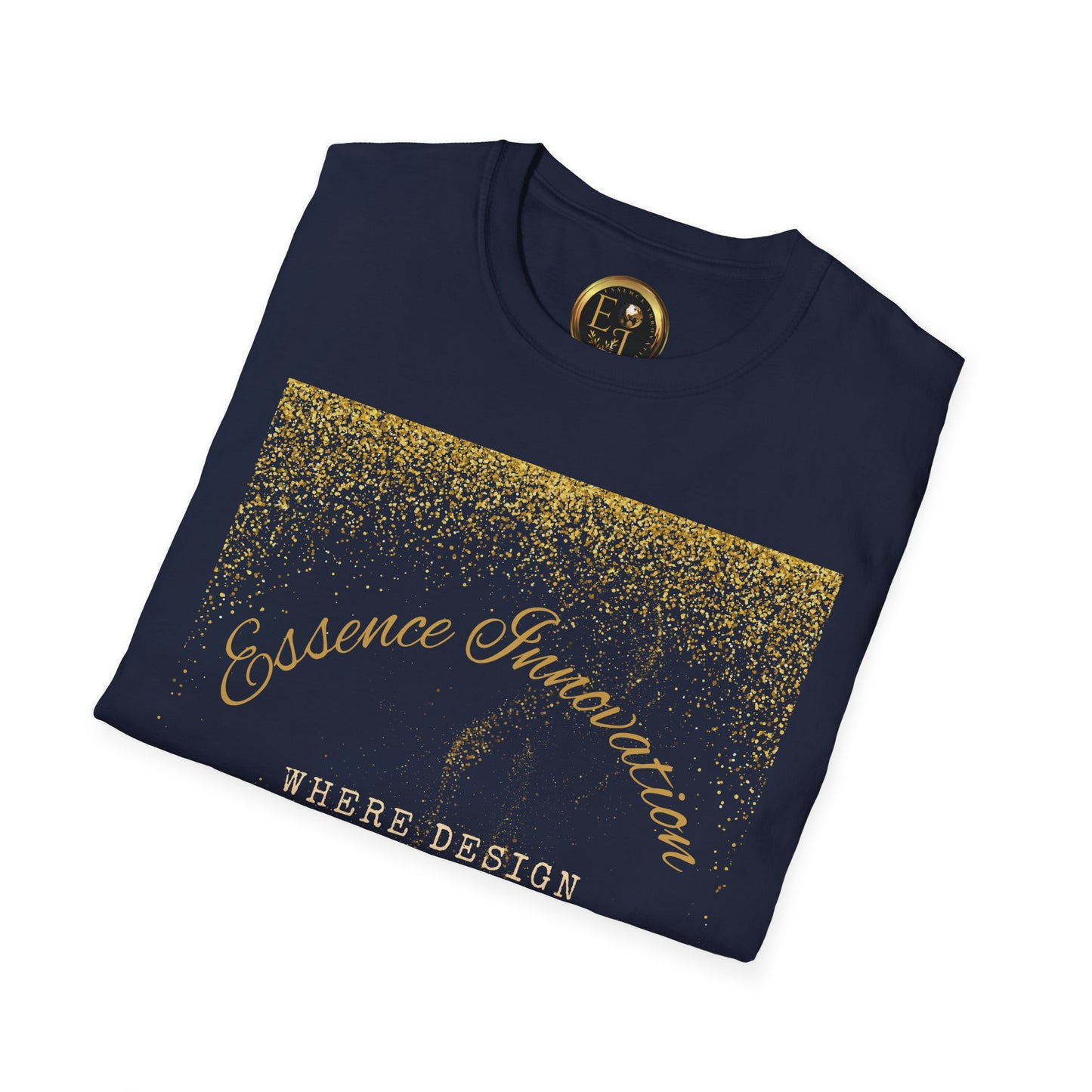 Folded navy blue shirt with gold Essence Innovation 'Design Meets Soul' text and logo on a white background