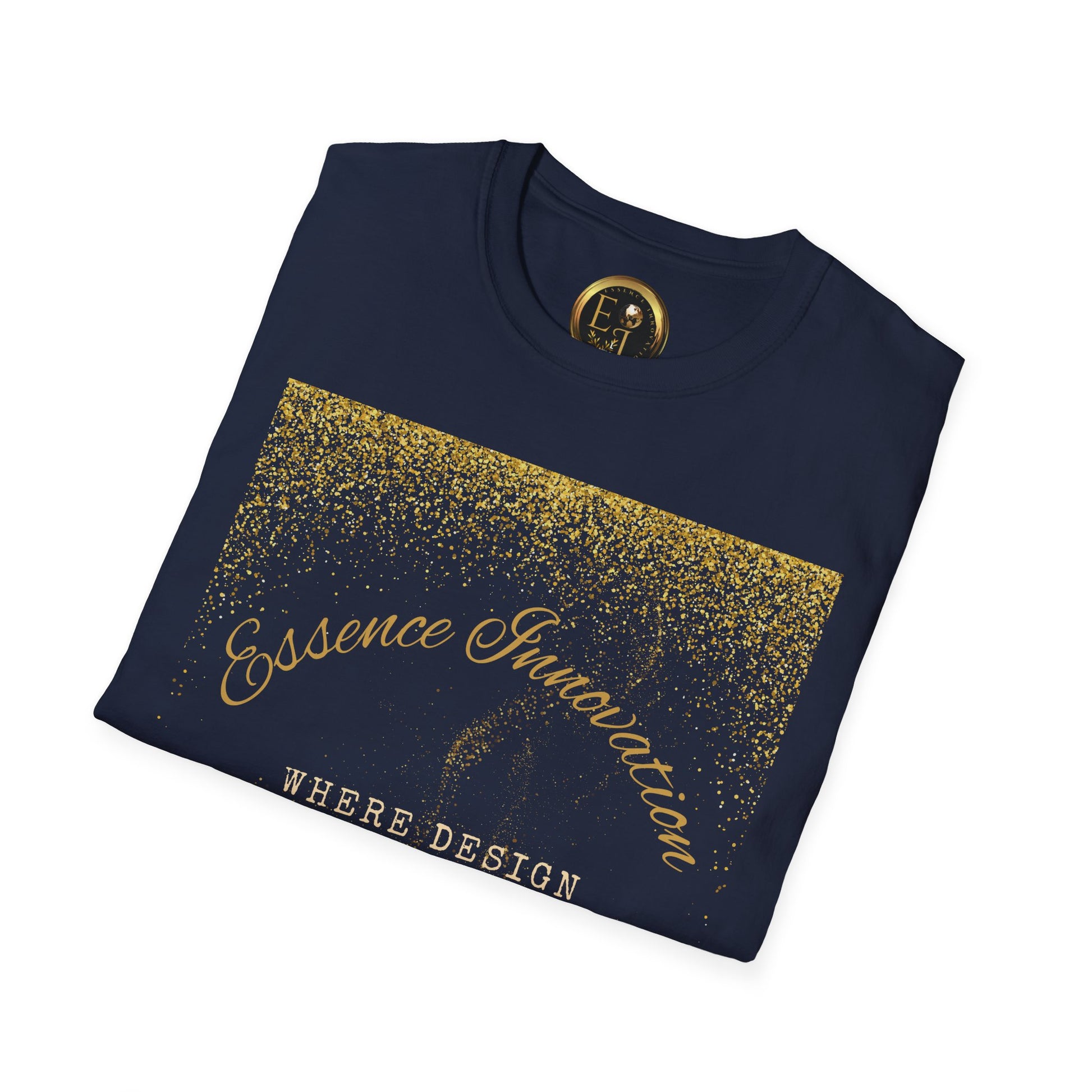 Folded navy blue shirt with gold Essence Innovation 'Design Meets Soul' text and logo on a white background