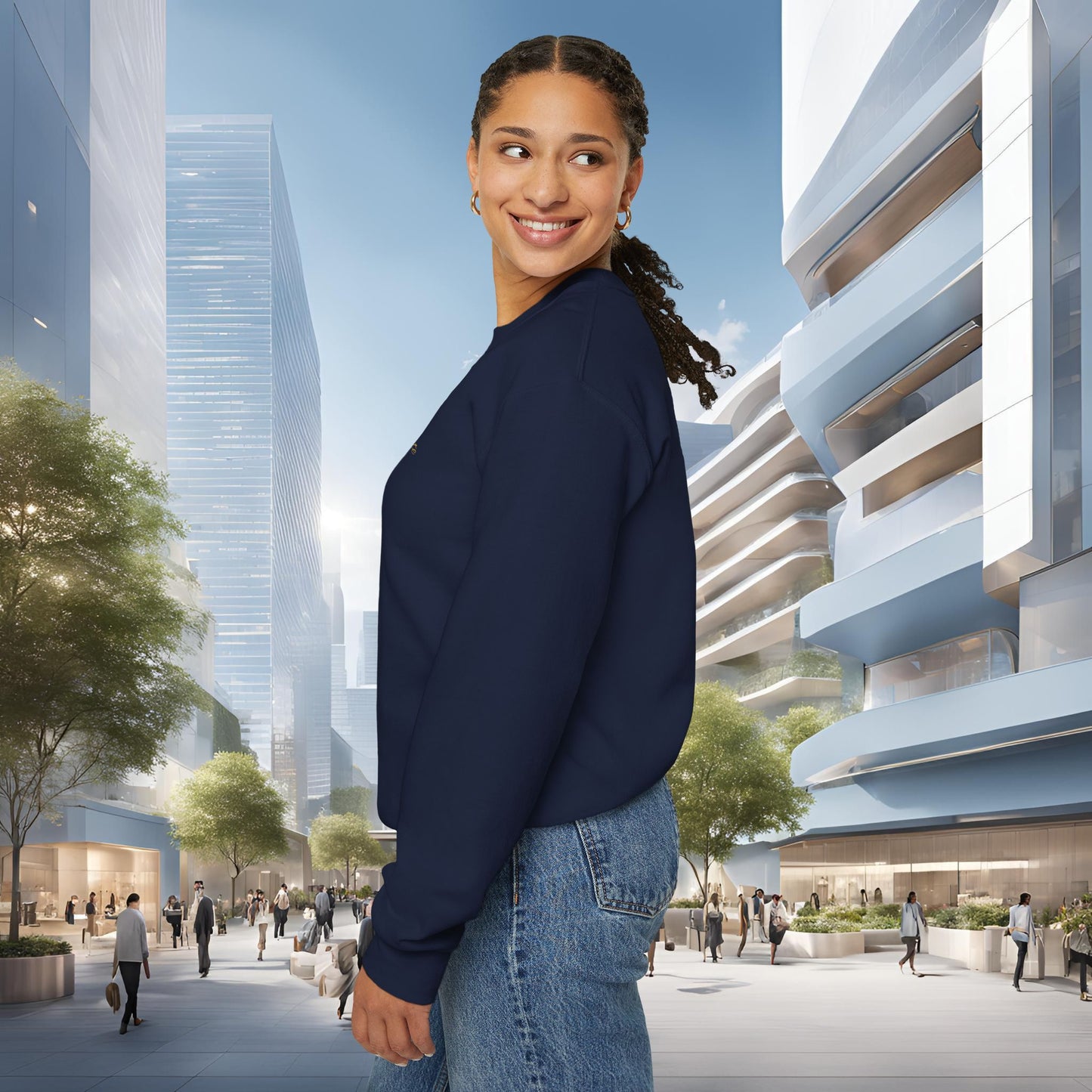 Woman standing in a modern cityscape with tall buildings and trees wearing 'EssenceInnoCreate'.