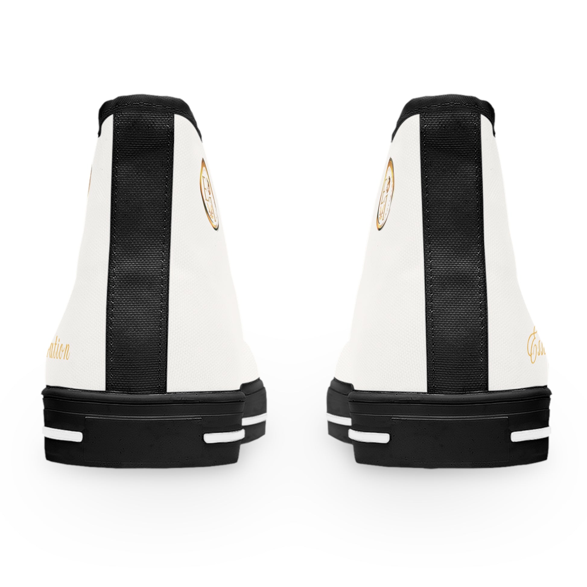 White high-top 'Essence Innovation' sneakers with black accents on a white background