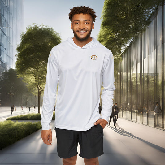 Man wearing a white Essence Innovation Seek More hoodie with a logo in an urban setting