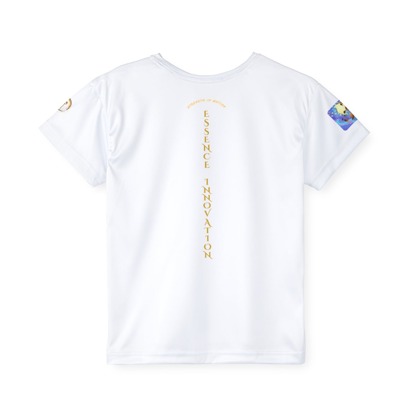 White t-shirt with text and graphics on a white background