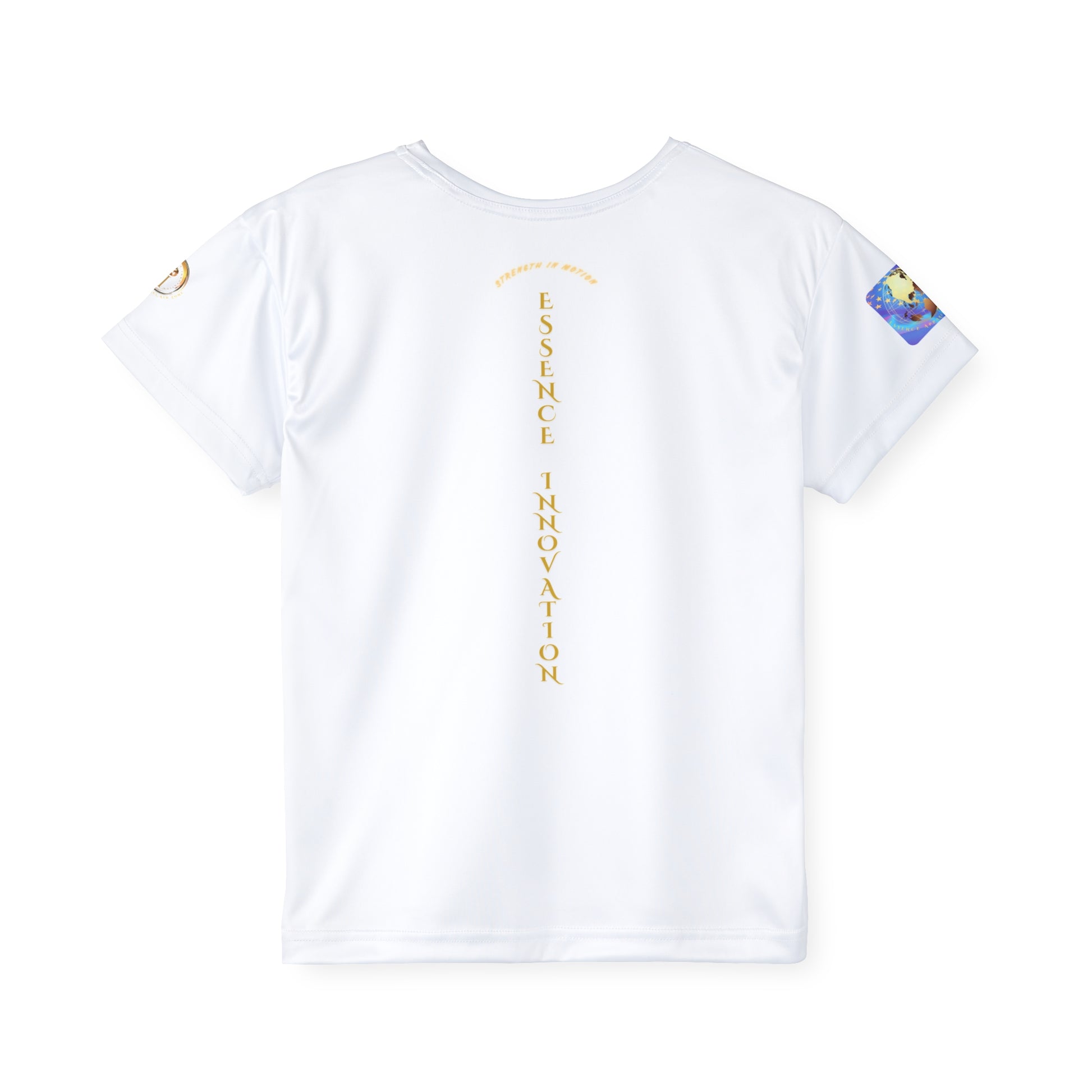 White t-shirt with text and graphics on a white background
