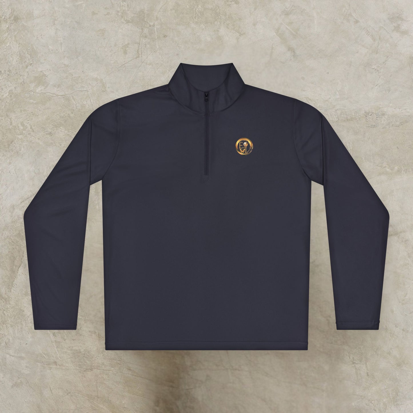 Dark gray long-sleeve shirt with a small Essence Innovation logo on a beige background