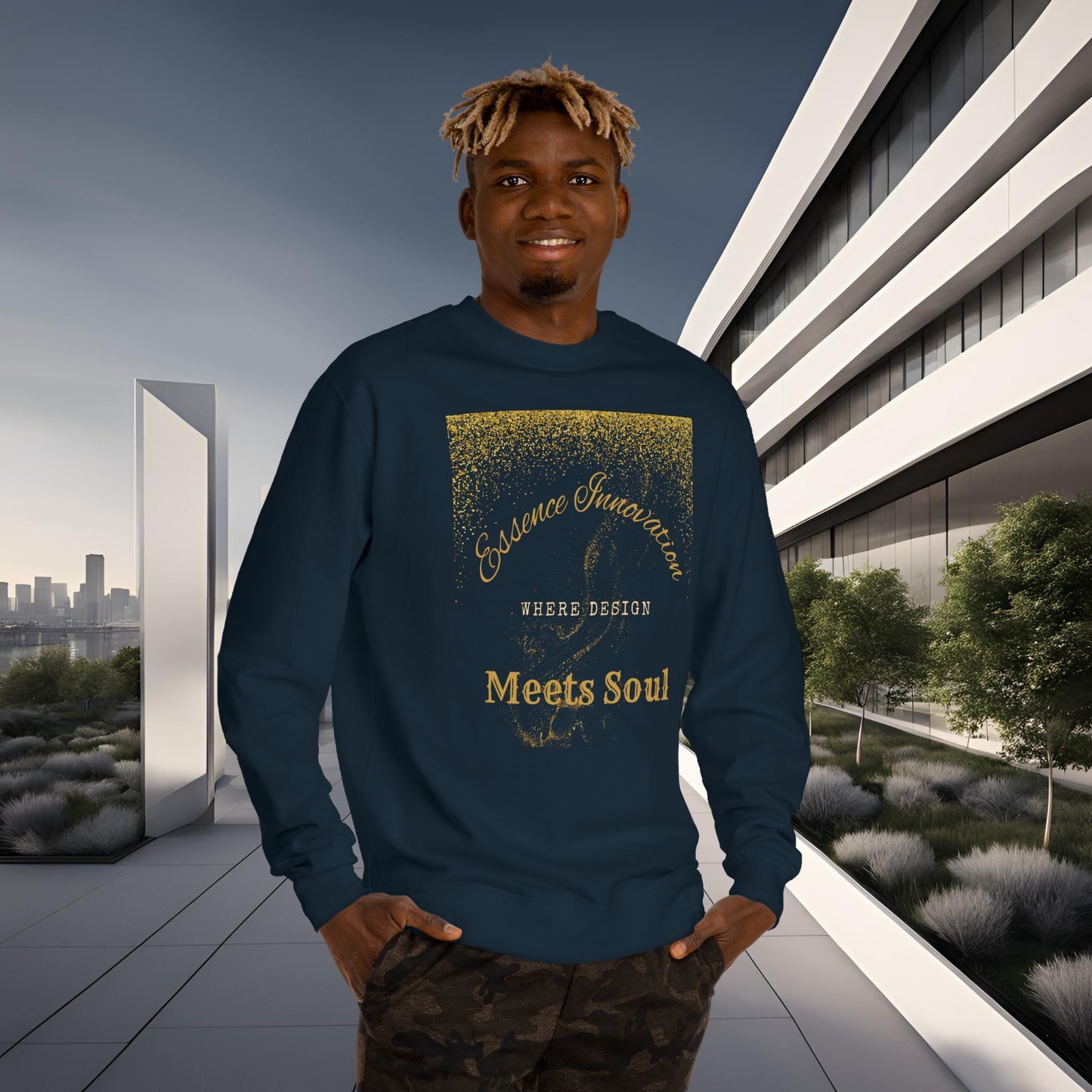 Man wearing a navy blue sweatshirt with gold Essence Innovation 'Design Meets Soul' text in an urban setting