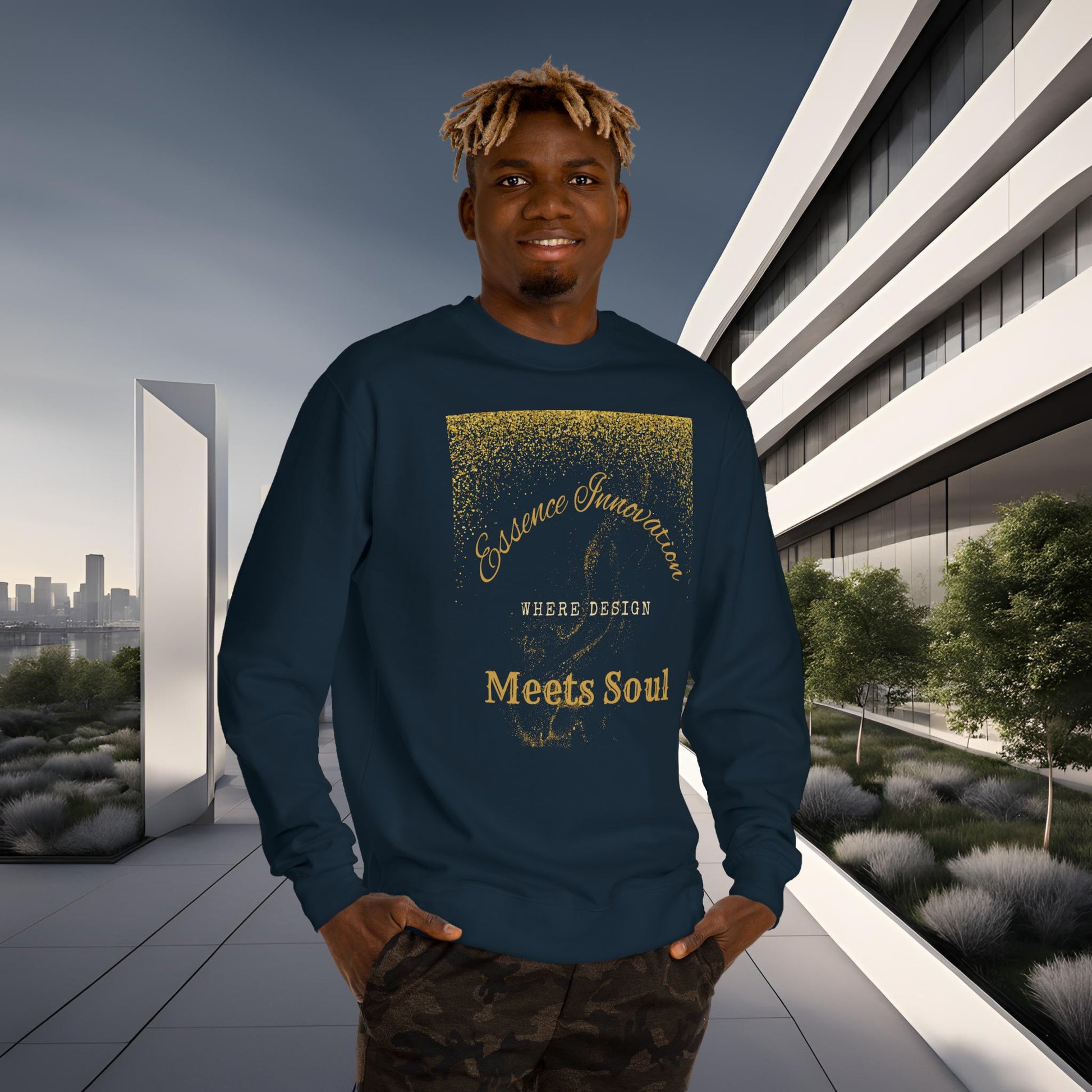 Man wearing a navy blue sweatshirt with gold Essence Innovation 'Design Meets Soul' text in an urban setting