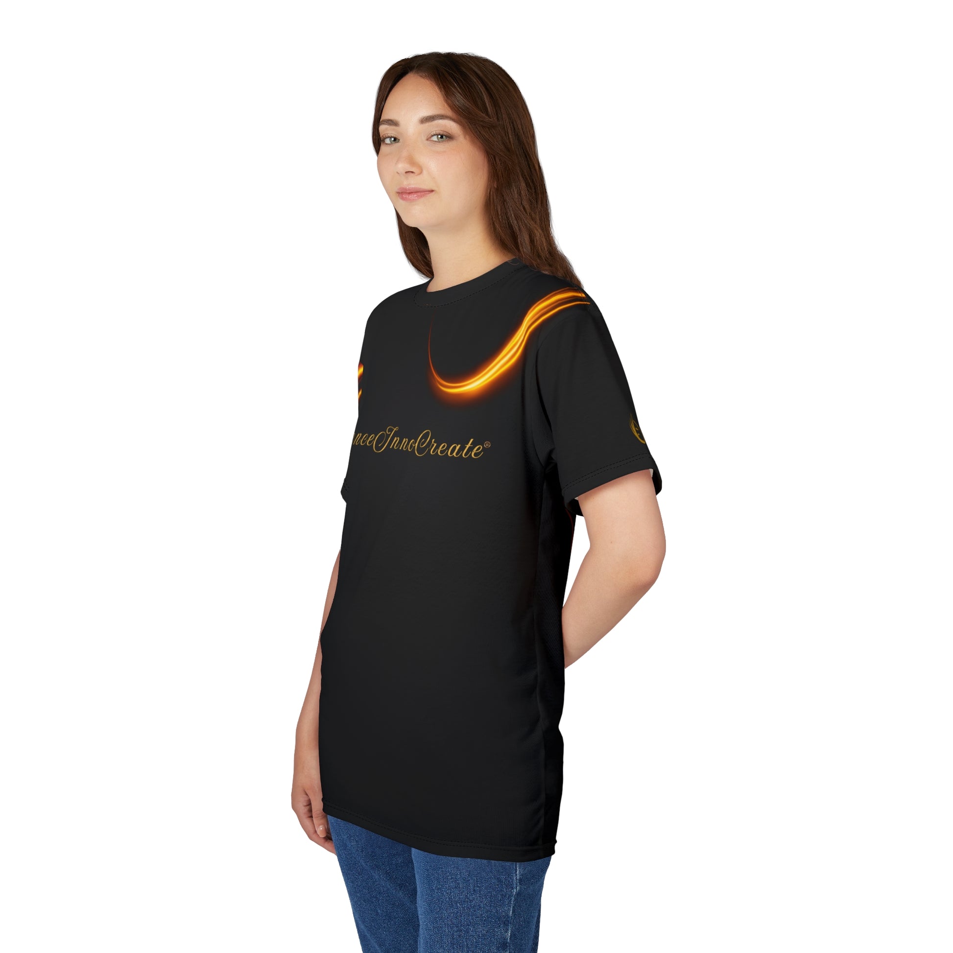 Woman wearing a black 'EssenceInnoCreate' t-shirt with a logo and text on a white background