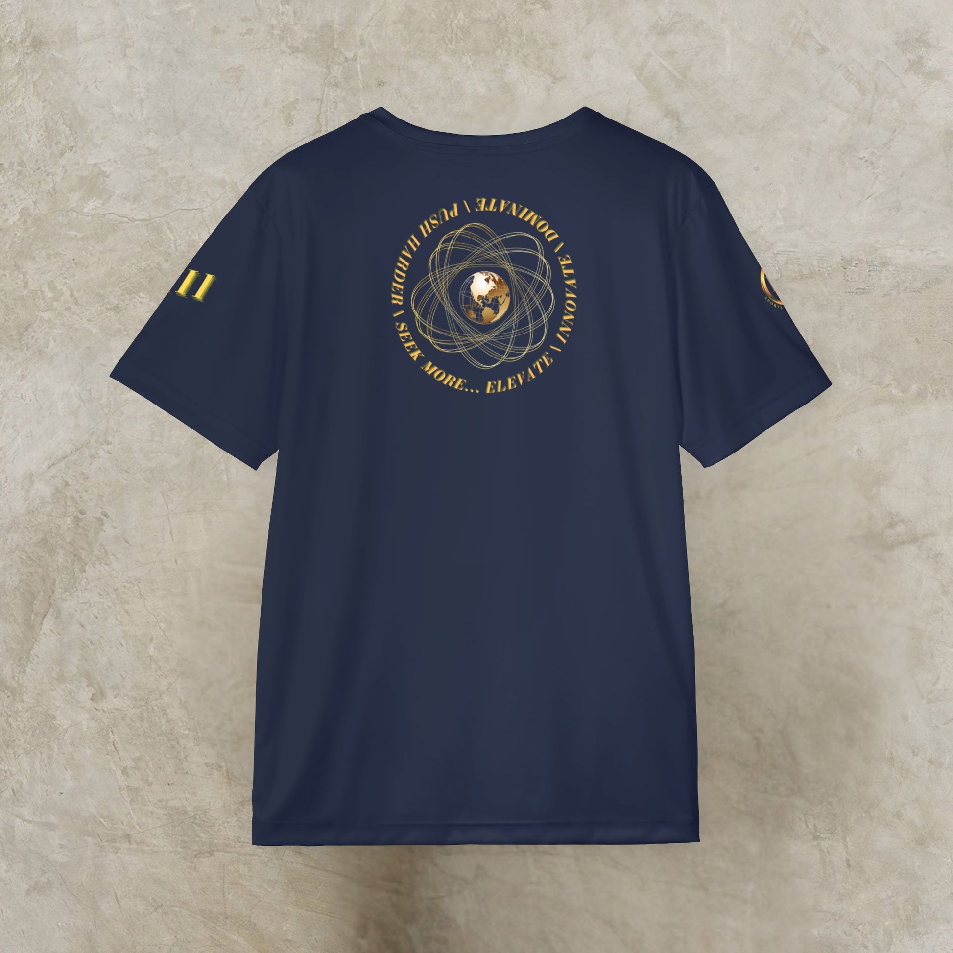 Navy blue t-shirt with gold Essence Innovation Seek More design on a textured beige background