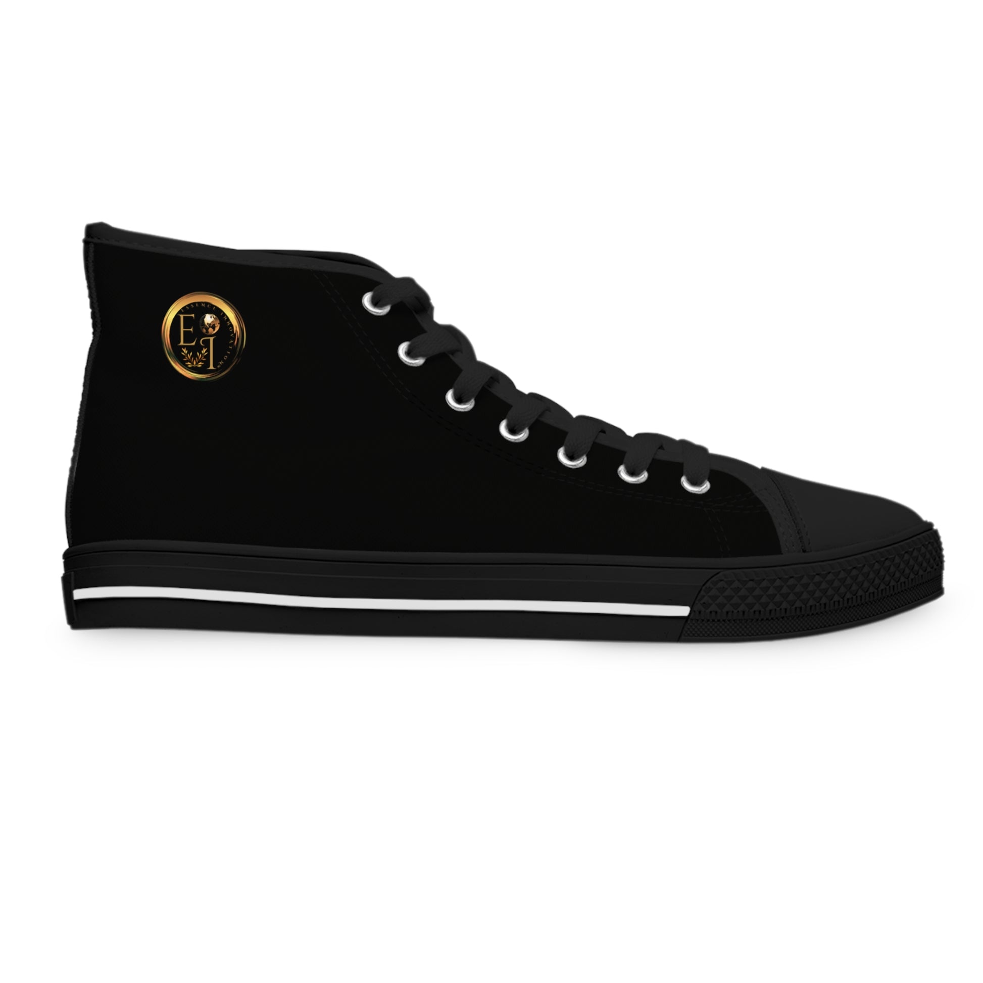 Black high-top 'Essence Innovation' sneaker with a gold logo on a white background