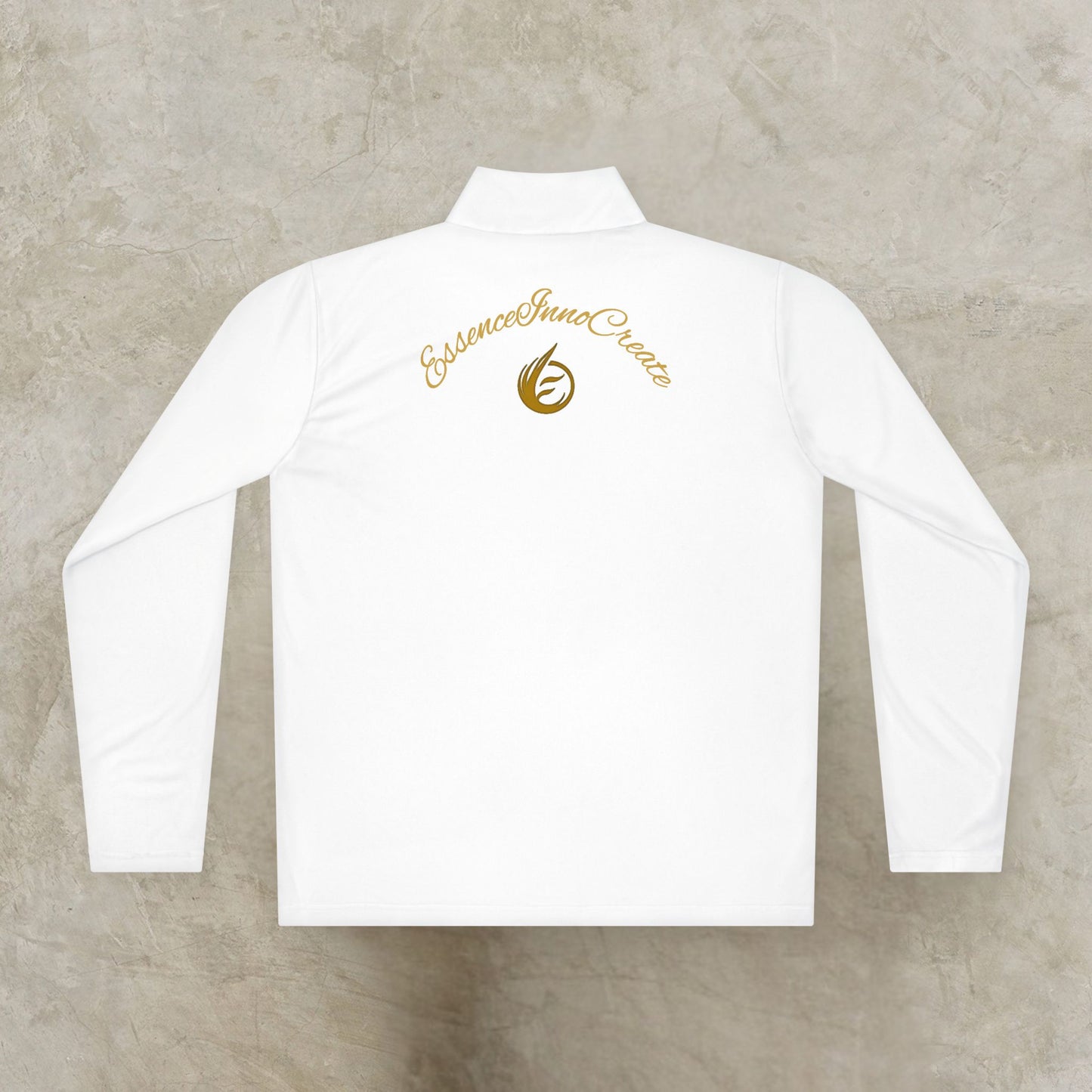 White long-sleeve shirt with gold 'EssenceInnoCreate' logo on a beige background