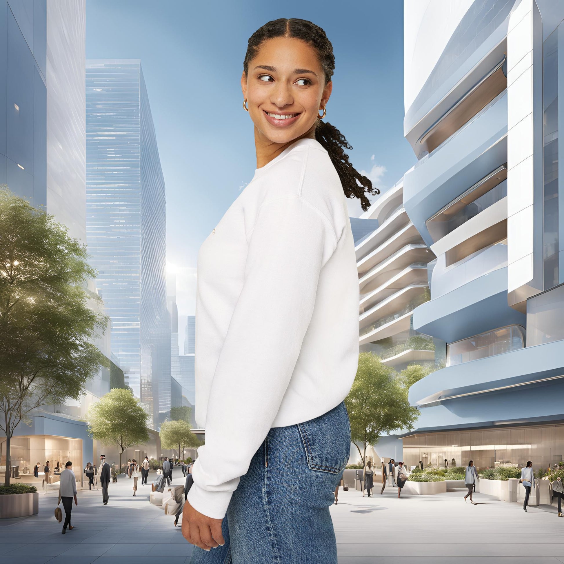 Woman in a white 'EssenceInnoCreate' sweatshirt and blue jeans standing in an urban setting with modern buildings.