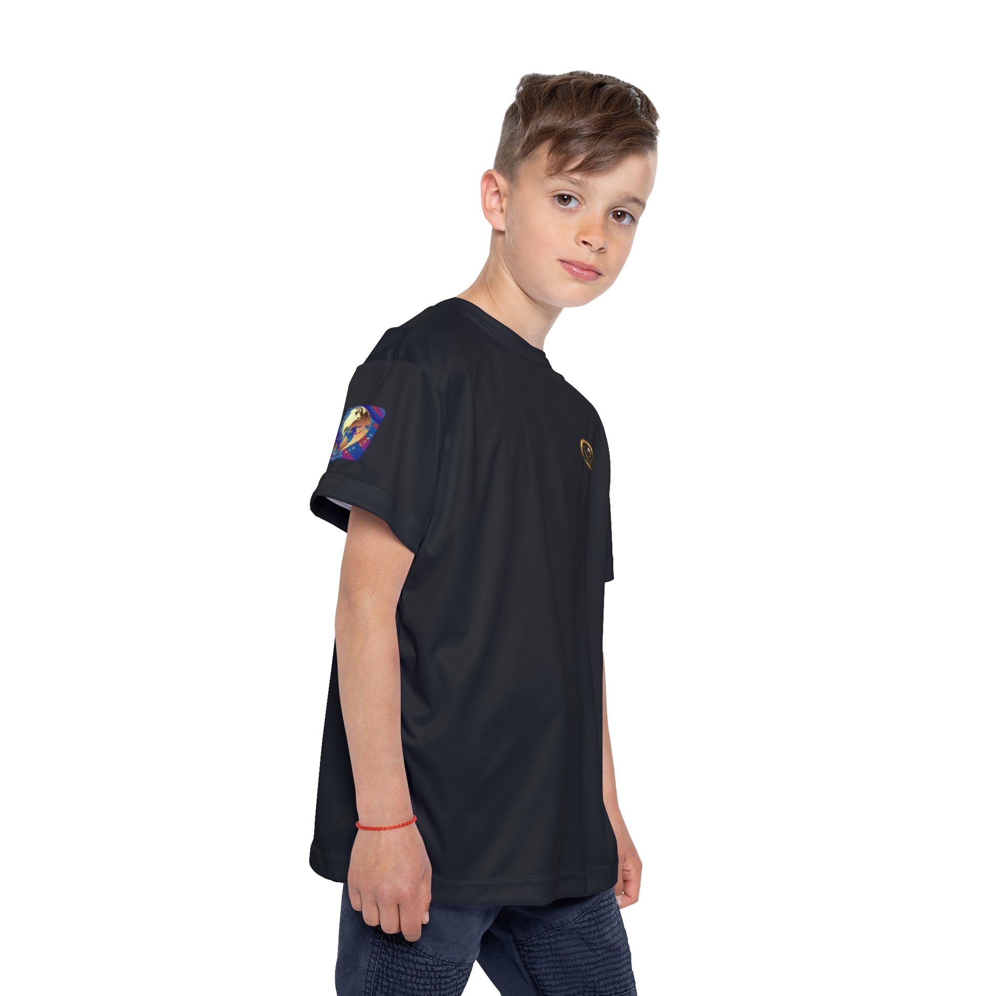 Child wearing a black Essence Innovation t-shirt with colorful designs on a white background