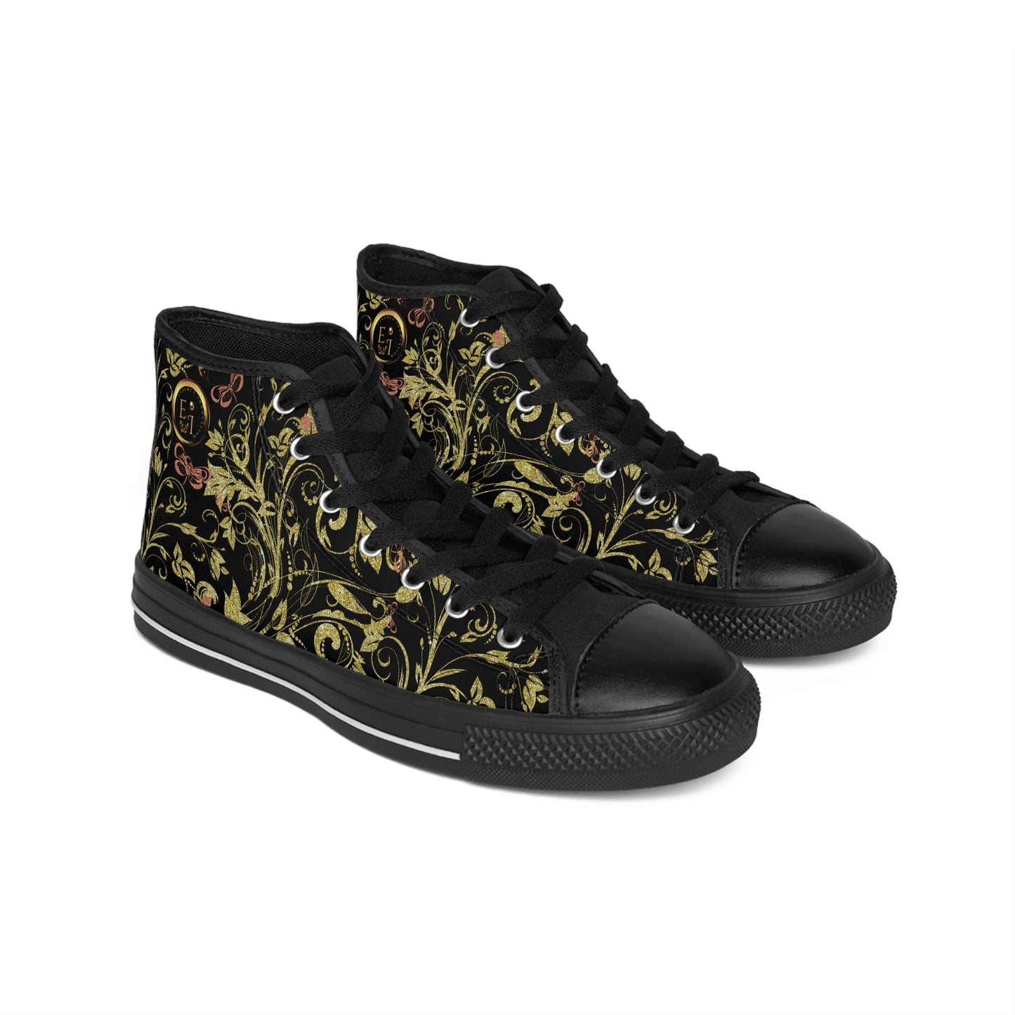 Black Essence Innovation high-top sneakers with red and gold design on a white background