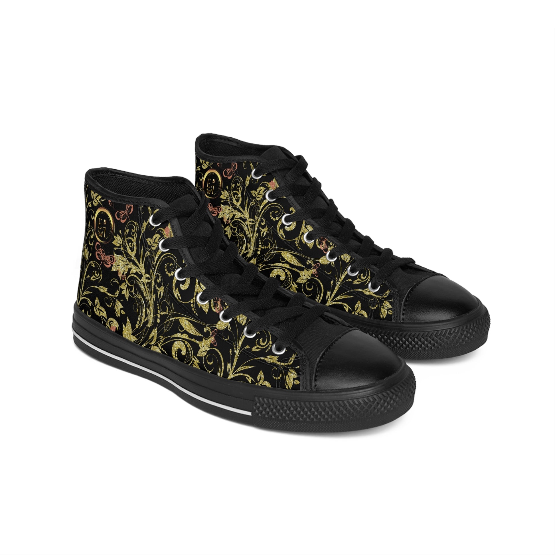 Black Essence Innovation high-top sneakers with red and gold design on a white background