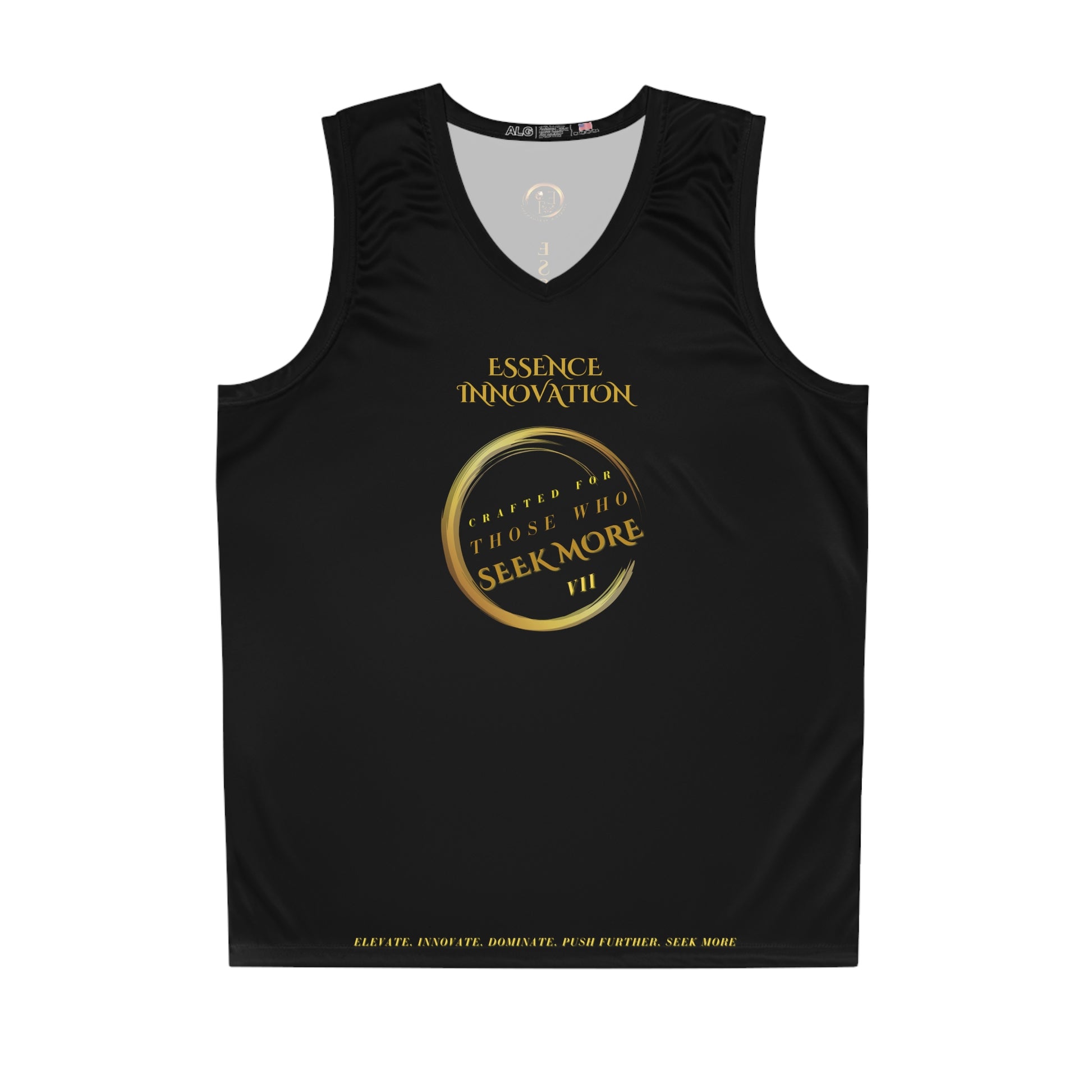 Black tank top with gold Essence Innovation Seek More text and design on a white background