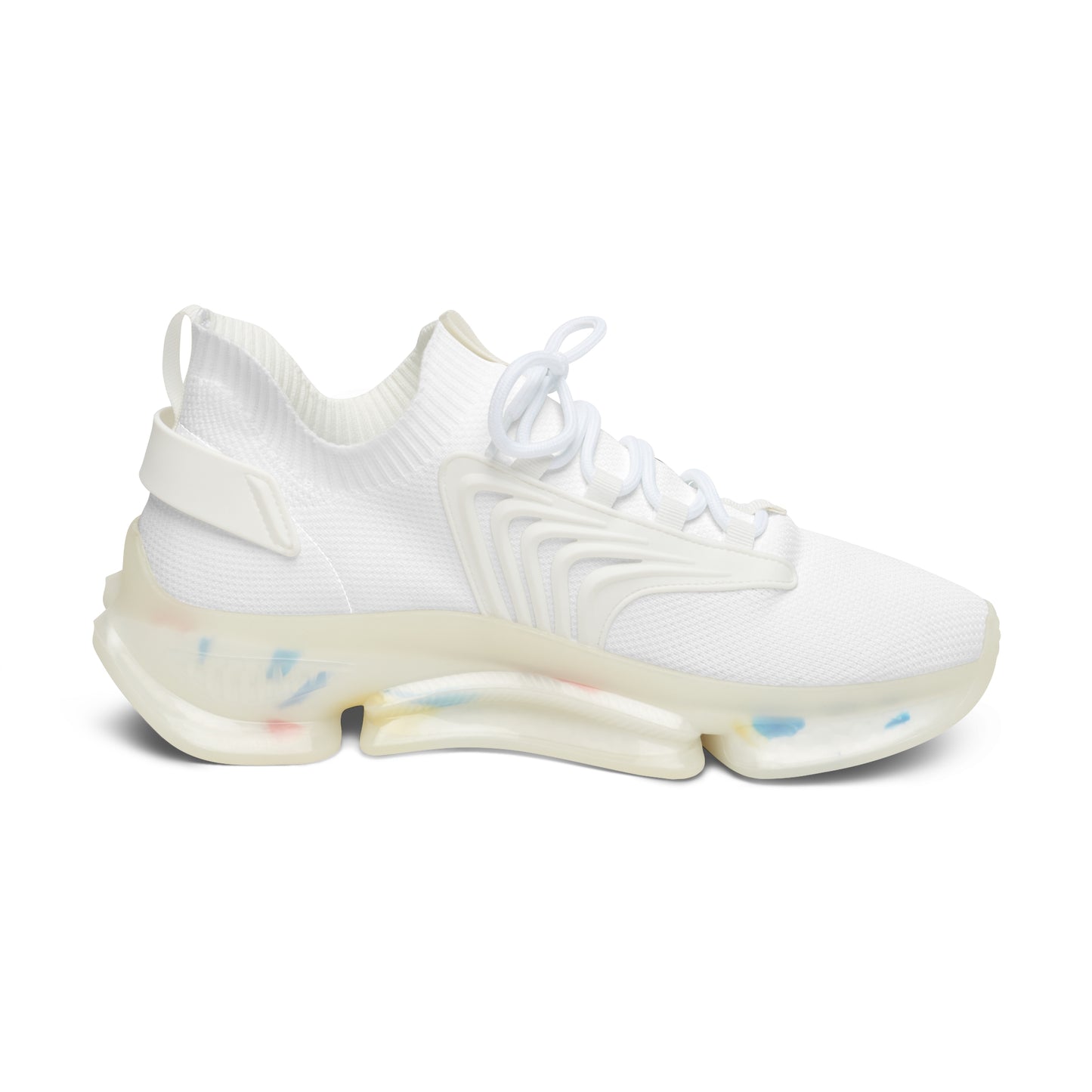 White sneaker with a unique Essence Innovation 'Street Vibes' sole design on a white background