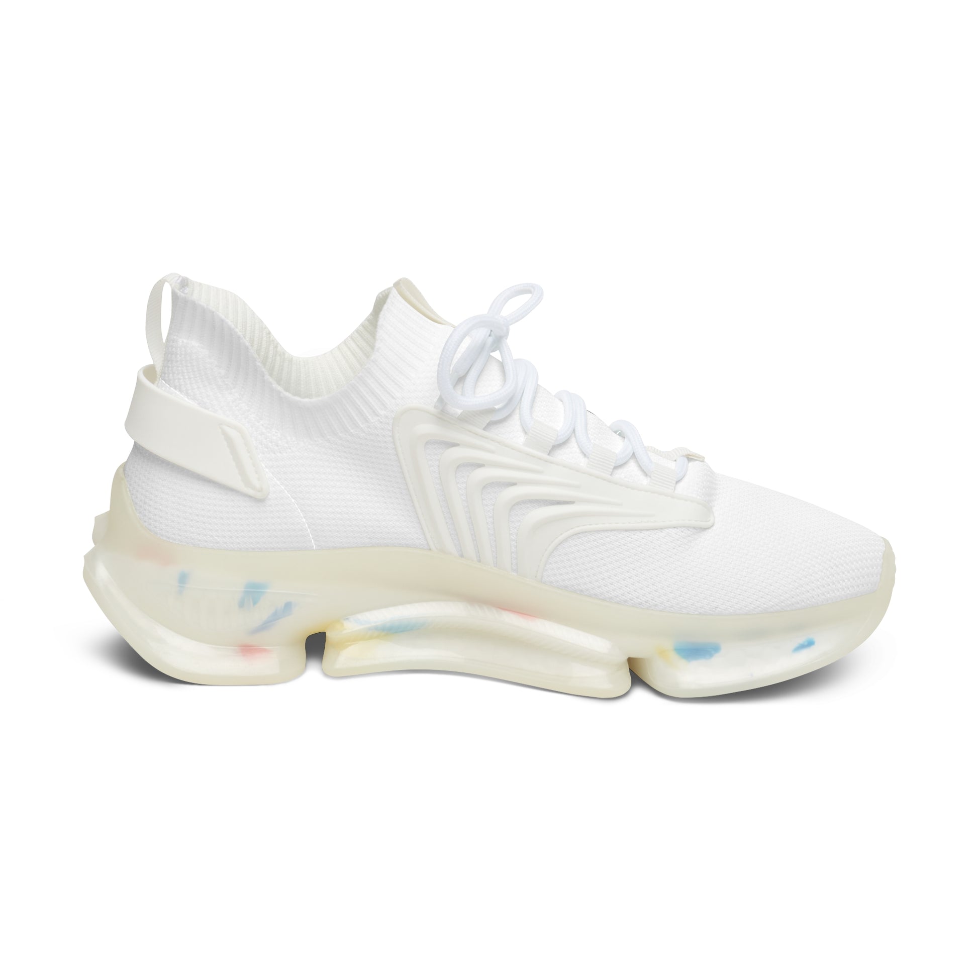 White sneaker with a unique Essence Innovation 'Street Vibes' sole design on a white background