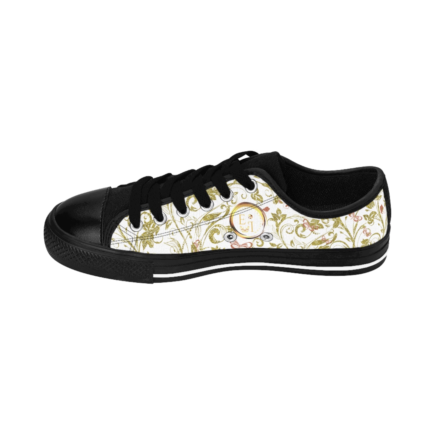 Black Essence Innovation sneaker with floral pattern on a white background