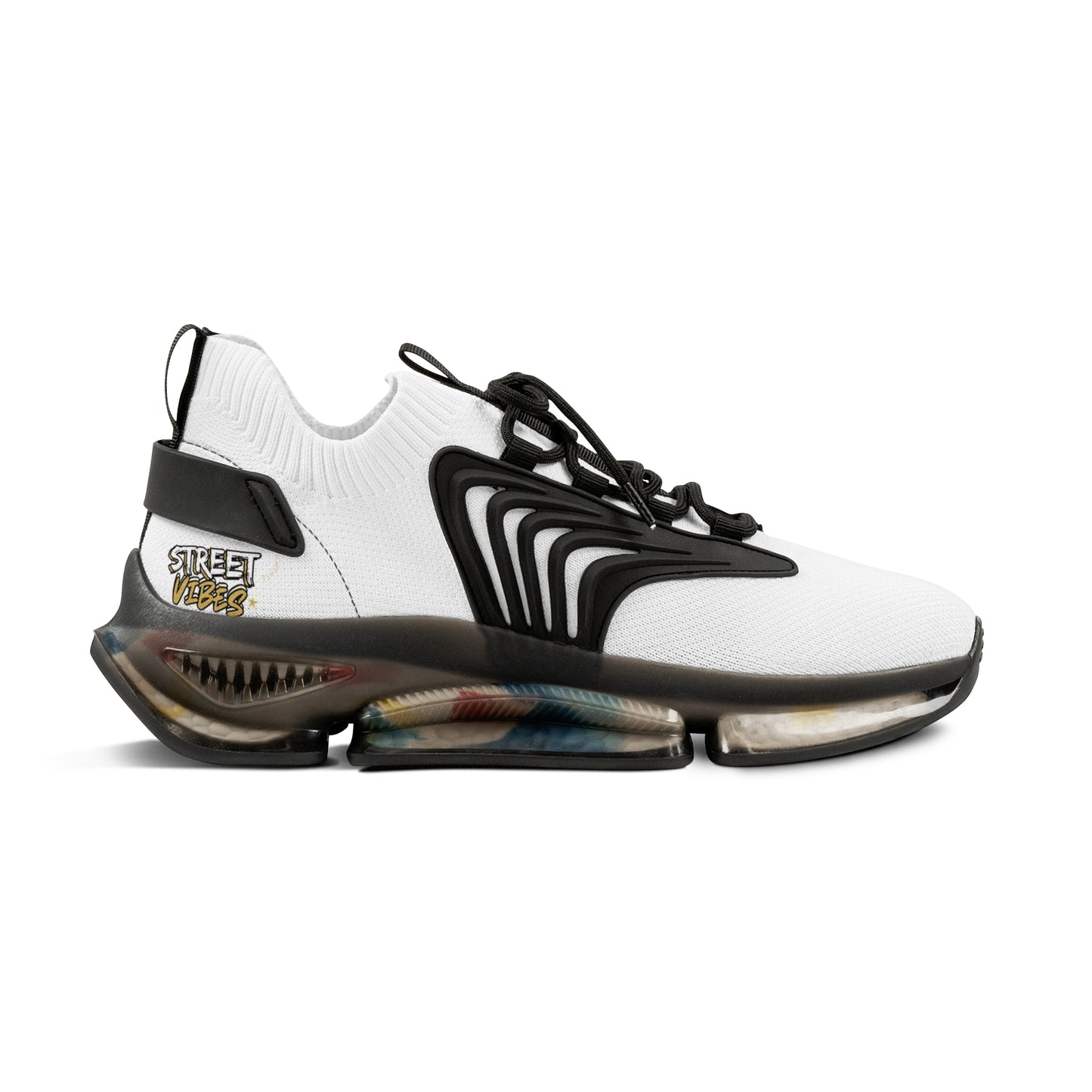 White and black Essence Innovation 'Street Vibes' sneaker with colorful sole on a white background