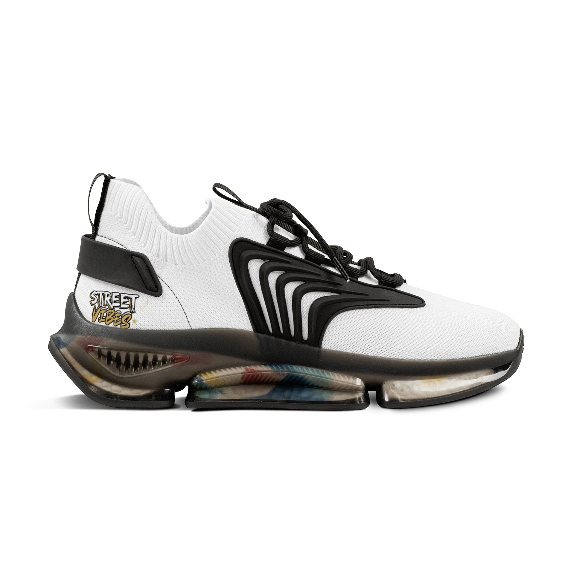 White and black Essence Innovation 'Street Vibes' sneaker with colorful sole on a white background