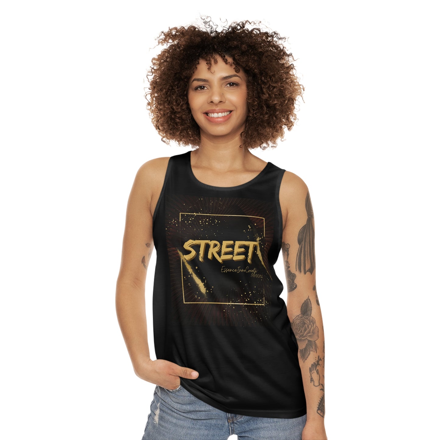 Woman wearing a black EssenceInnoCreate tank top with 'STREET' print on a white background
