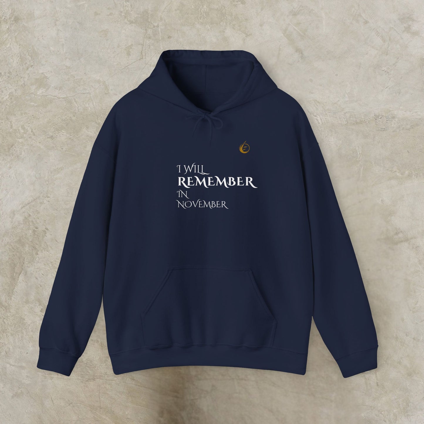Navy blue EssenceInnoCreate Quiet Resolve hoodie with text on a beige background