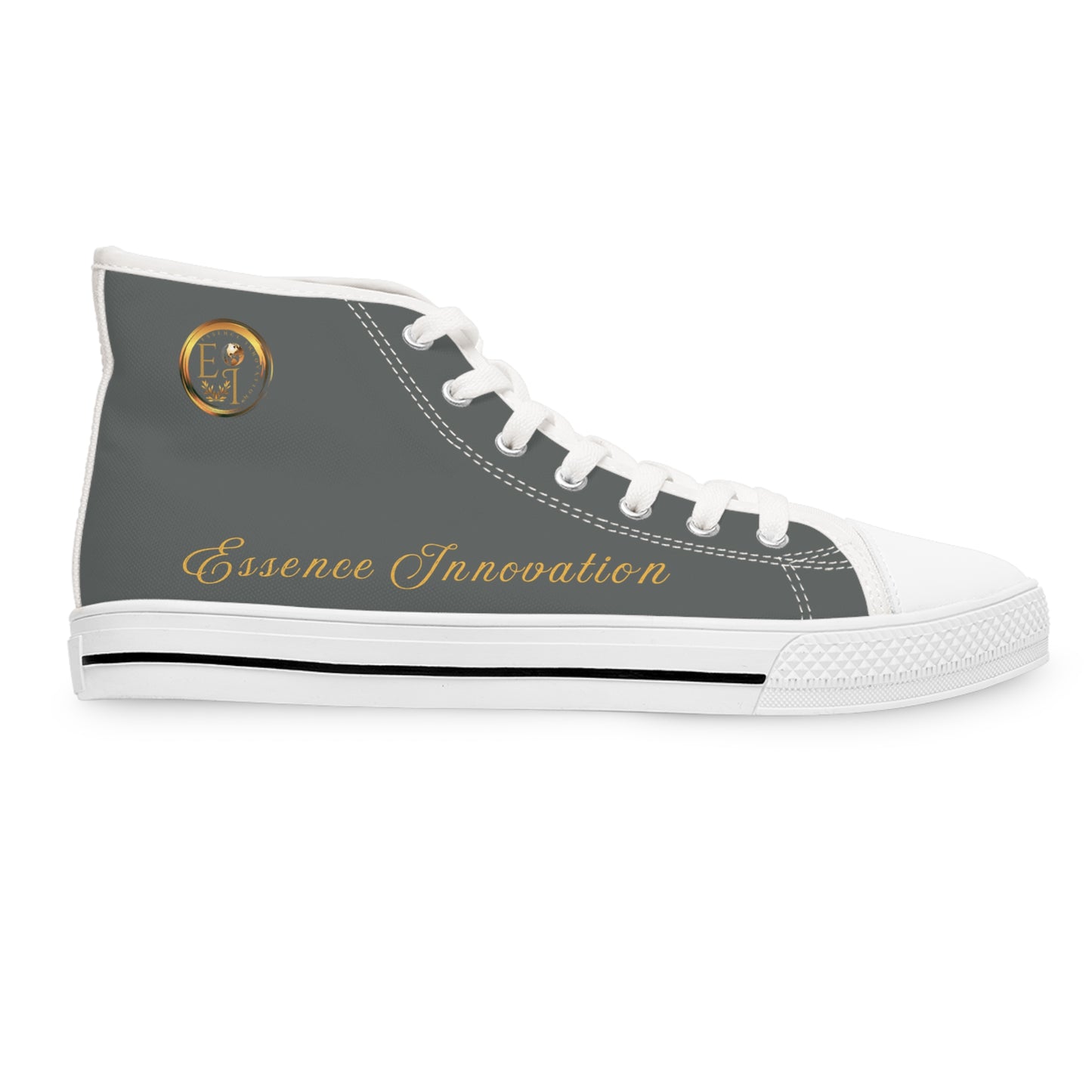 Black and white 'Essence Innovation' sneaker with geometric pattern on a white background