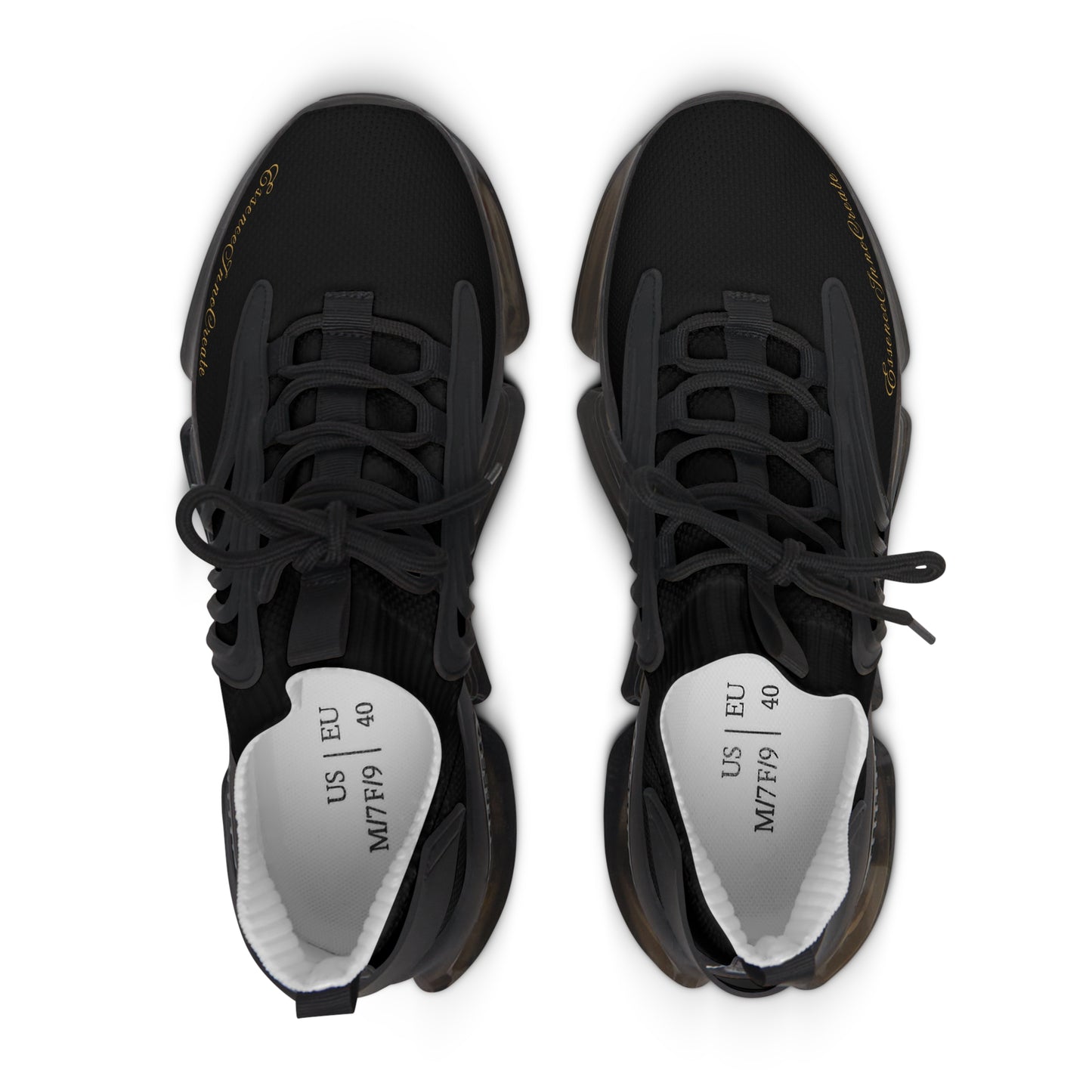 Black 'EssenceInnoCreate' sneakers with visible brand name on a white background