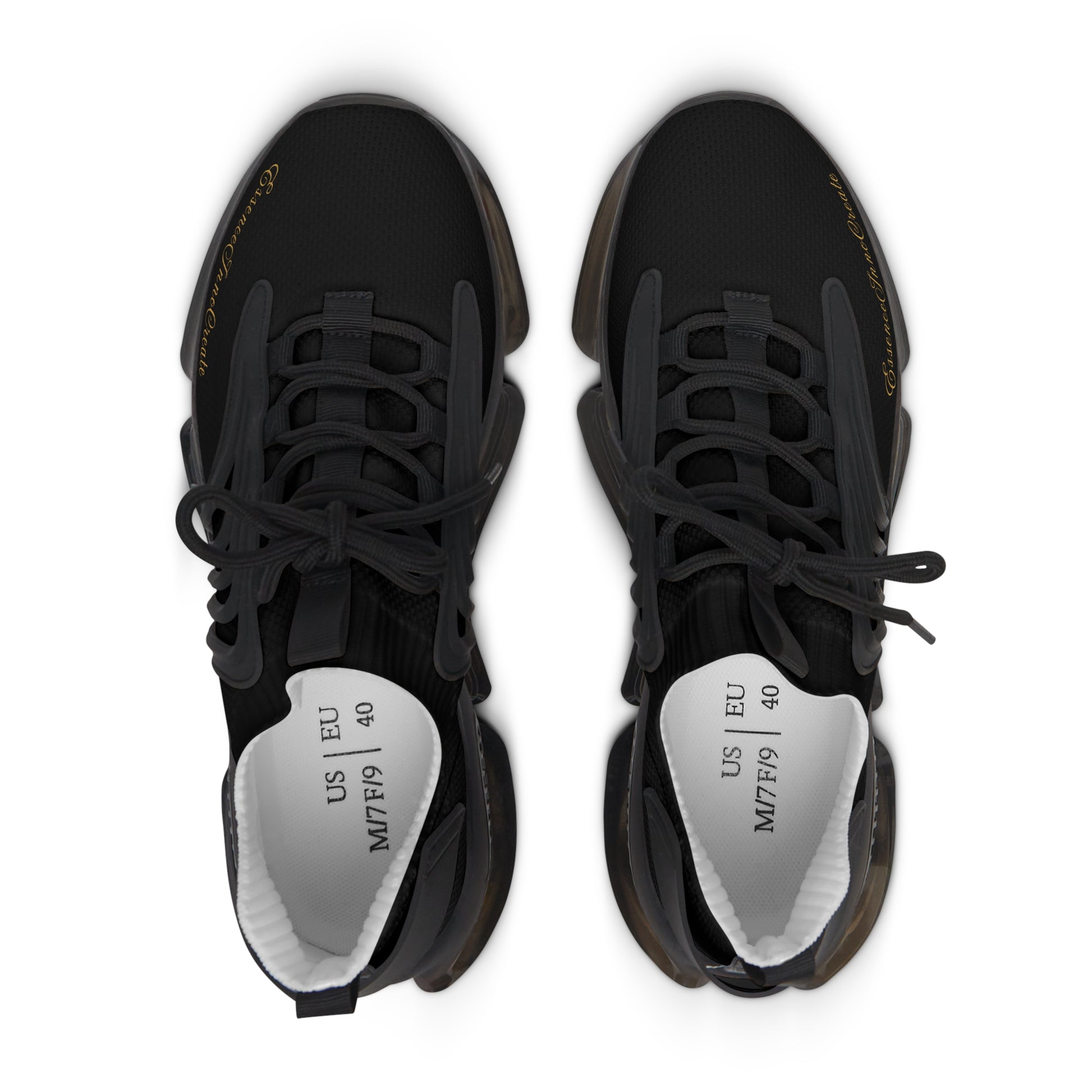 Black 'EssenceInnoCreate' sneakers with visible brand name on a white background