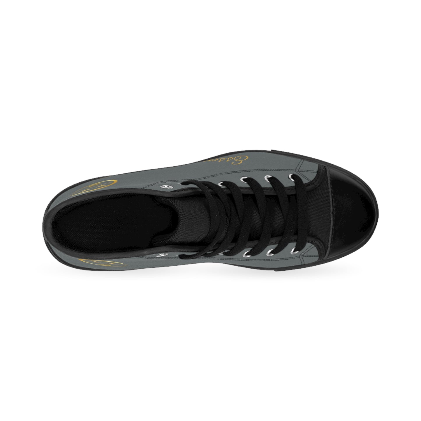 Black shoe sole on a light gray canvas 'EssenceInnoCreate' sneaker on a white background
