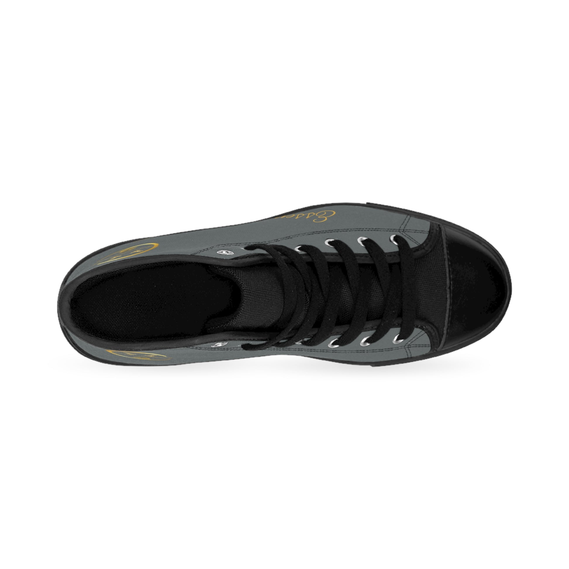 Black shoe sole on a light gray canvas 'EssenceInnoCreate' sneaker on a white background