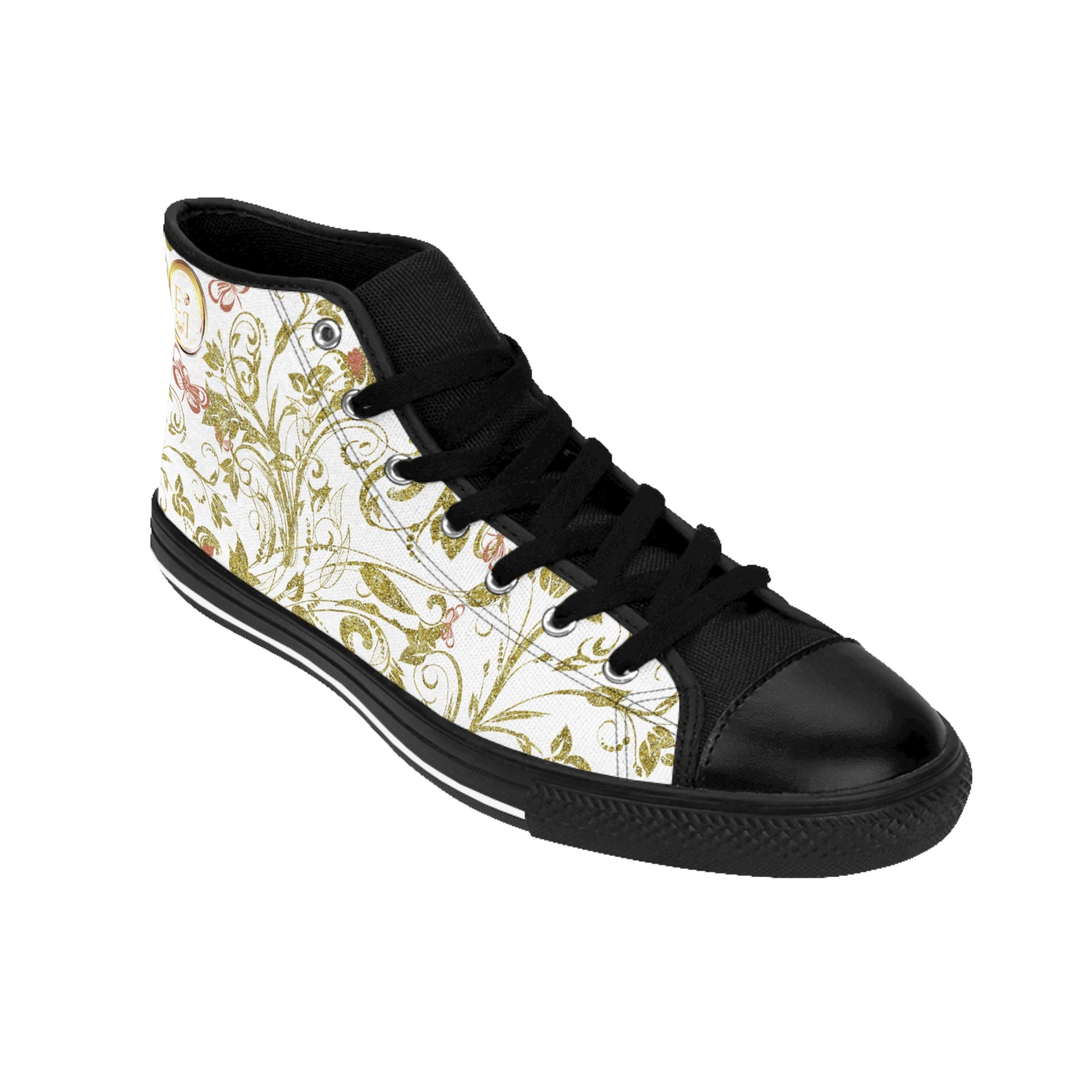 Black Essence Innovation high-top sneaker with colorful paw print pattern on a white background