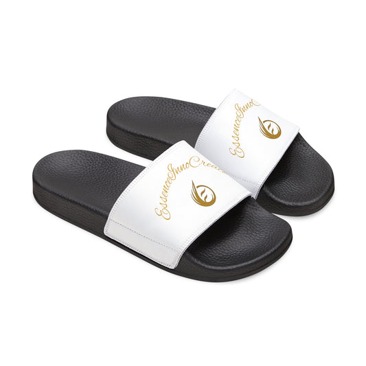 Black and white EssenceInnoCreate slide sandals with pink text on a white background