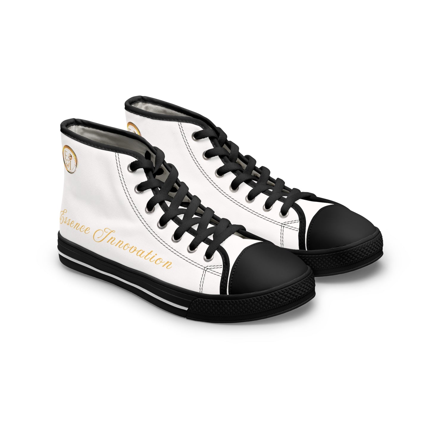 White high-top 'Essence Innovation' sneakers with black soles and laces on a white background