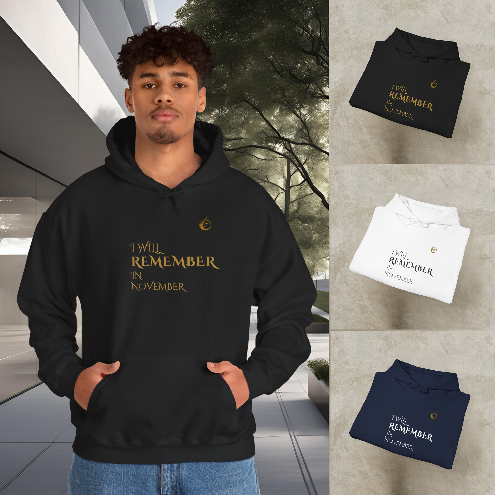 Person wearing a black EssenceInnoCreate Quiet Resolve hoodie with text, surrounded by folded hoodies in different colors.