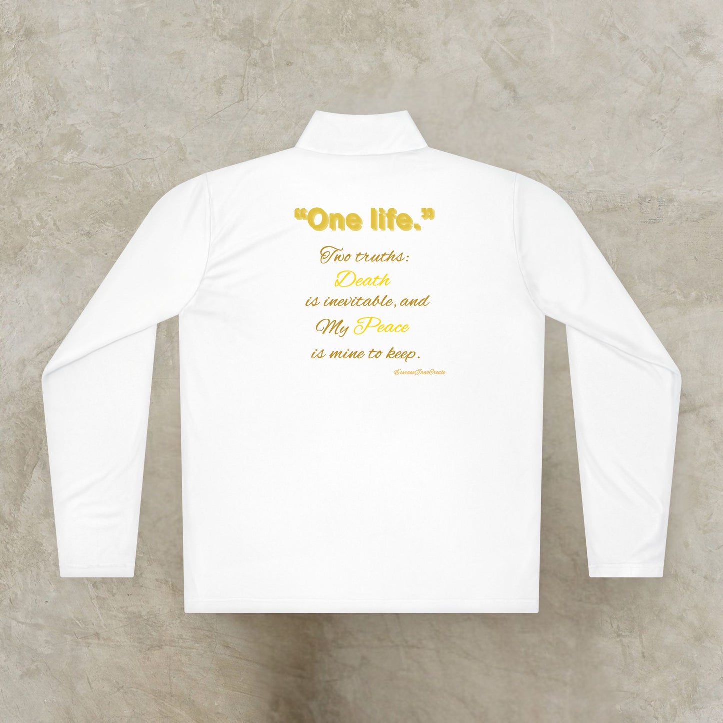 White long-sleeve shirt with yellow One Life text on a gray background