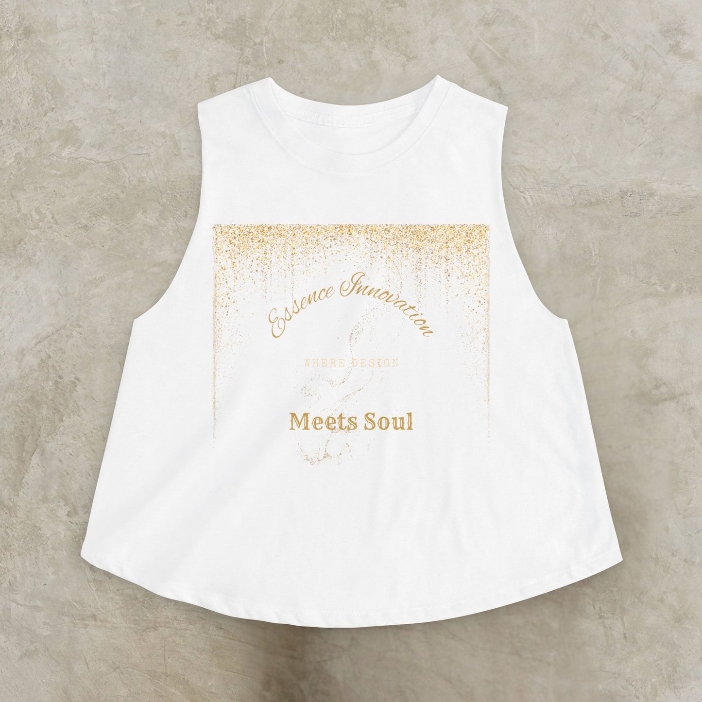 White sleeveless top with gold Essence Innovation 'Design Meets Soul' text on a beige background