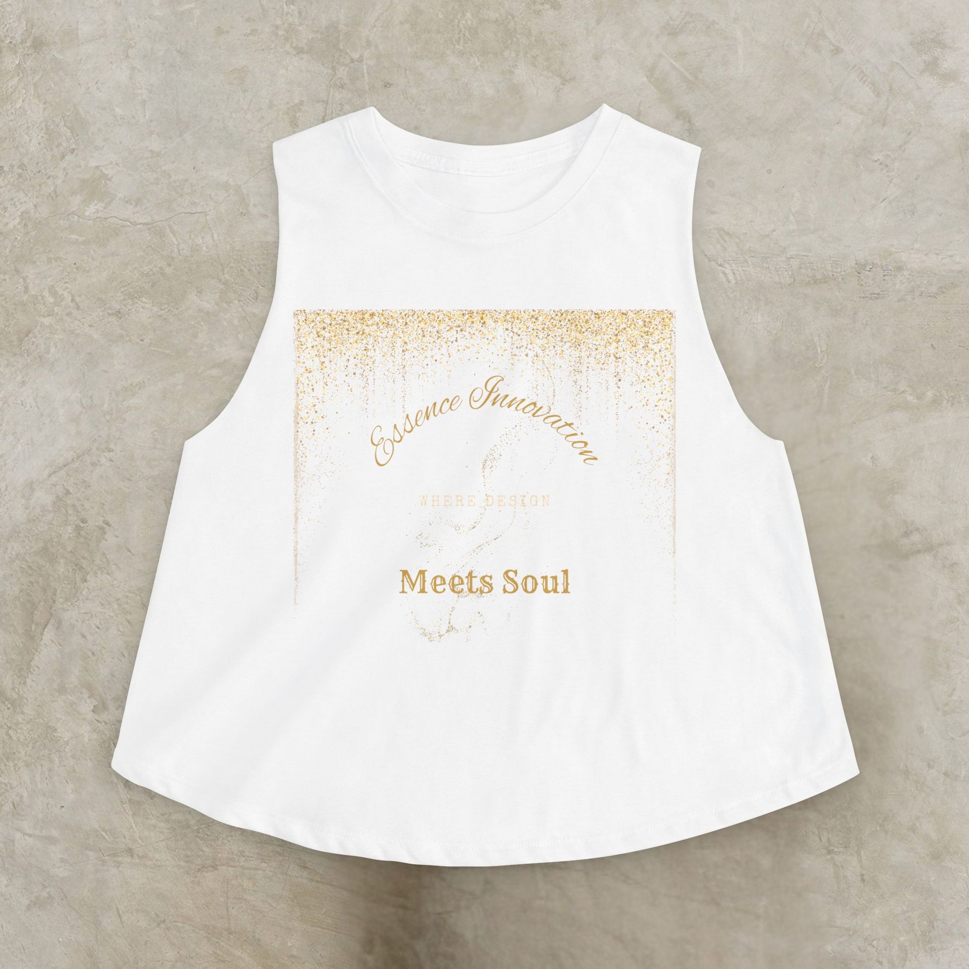 White sleeveless top with gold Essence Innovation 'Design Meets Soul' text on a beige background