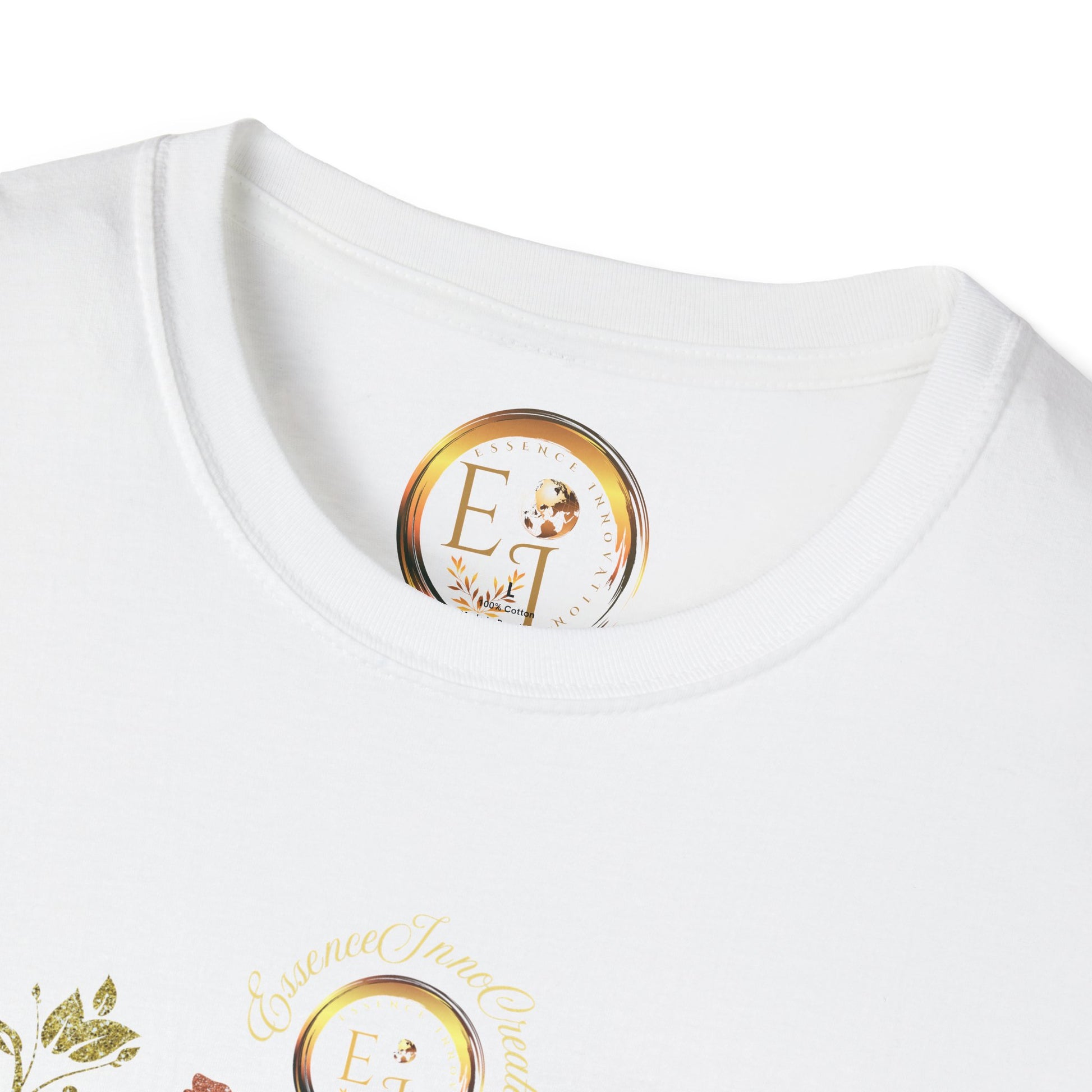 White shirt with gold and black Essence Innovation logo and text on a white background