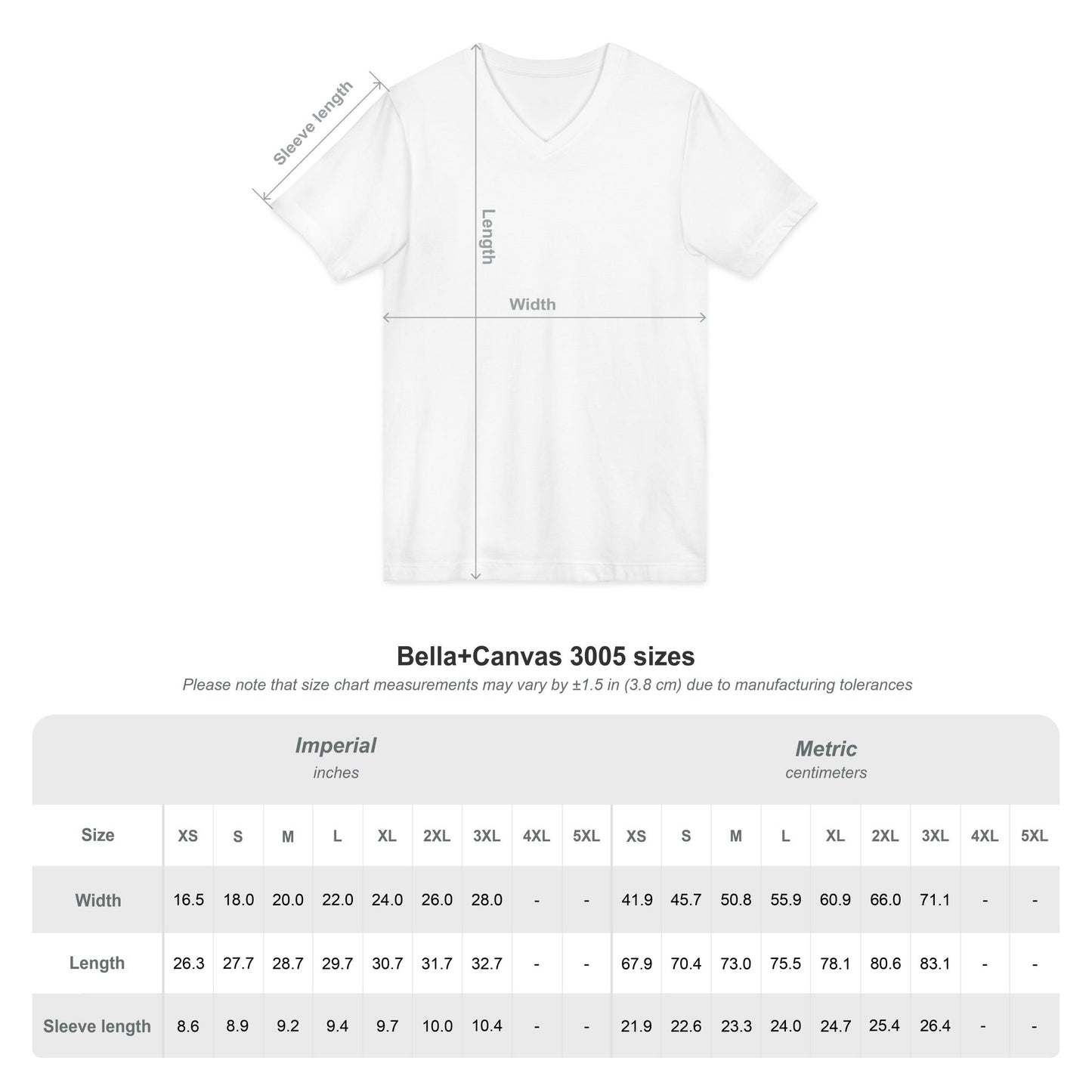 White EssenceInnoCreate t-shirt with size chart measurements on a white background