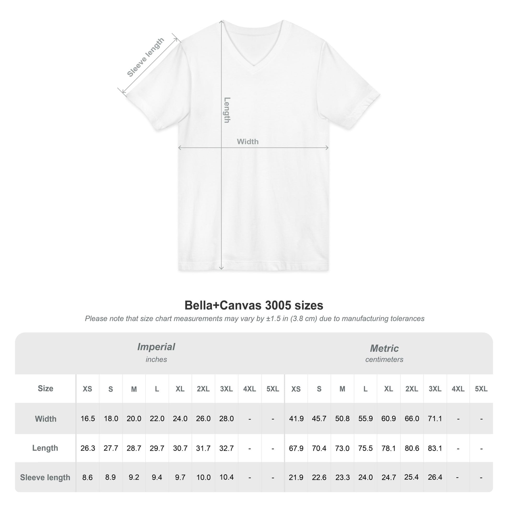 White EssenceInnoCreate t-shirt with size chart measurements on a white background