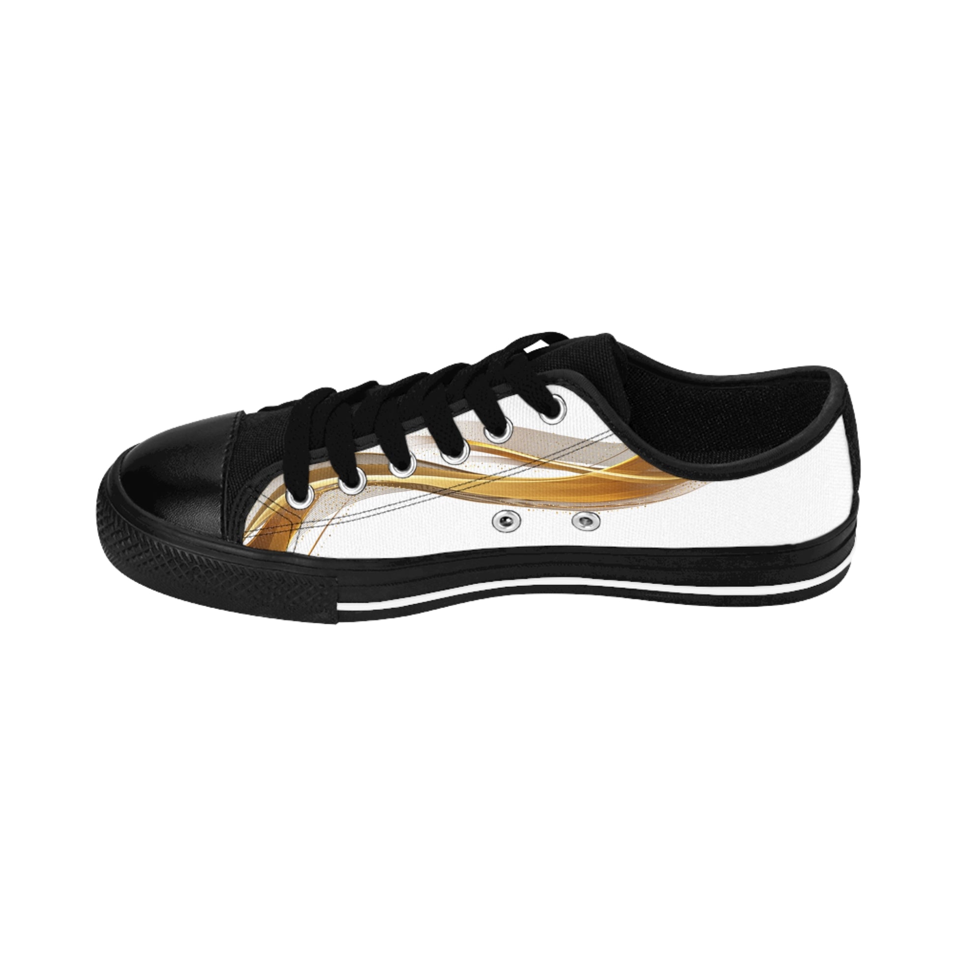 Black 'EssenceInnoCreate' sneaker with white and gold design on a white background