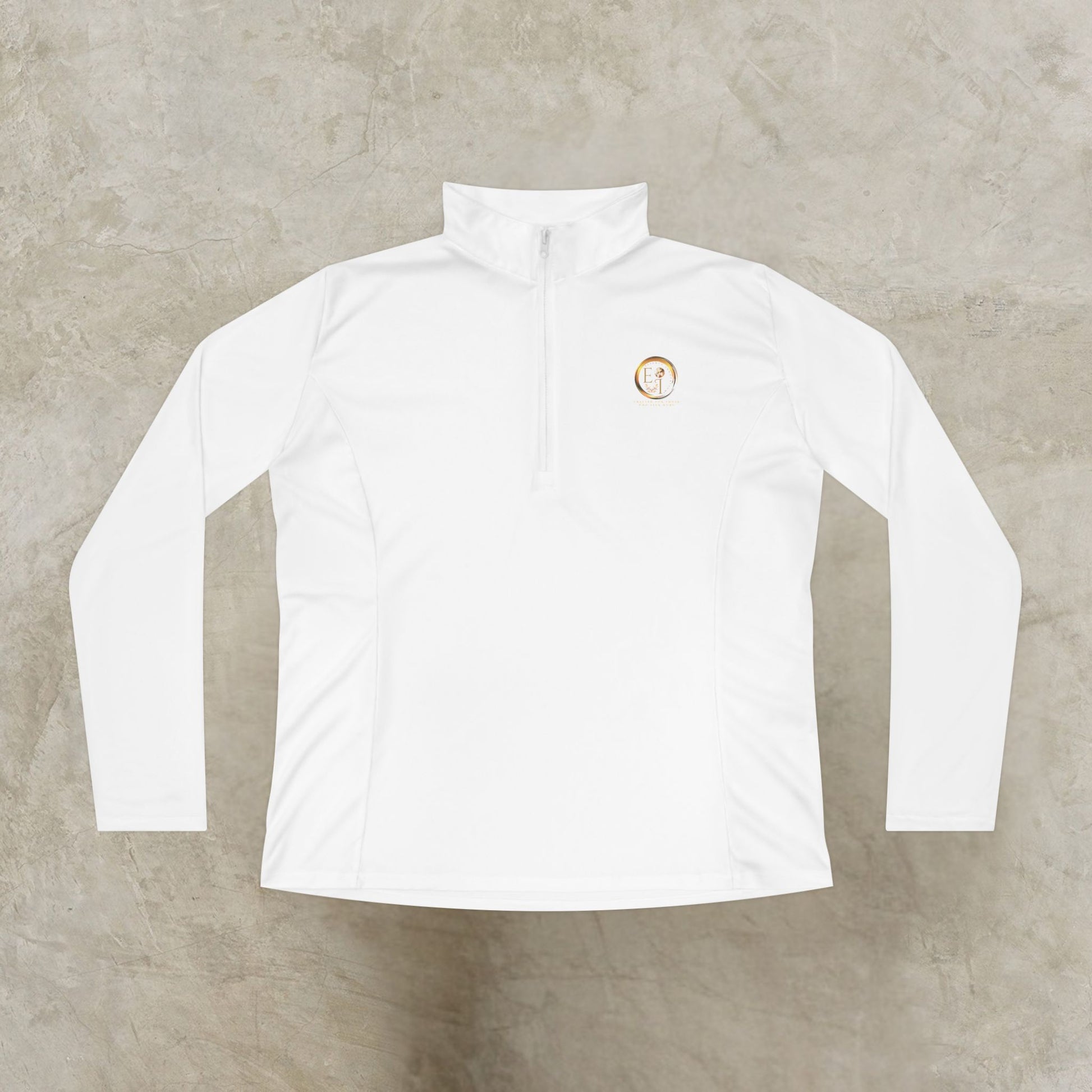 White Essence Innovation Seek More quarter-zip long-sleeve shirt with a logo on a beige background