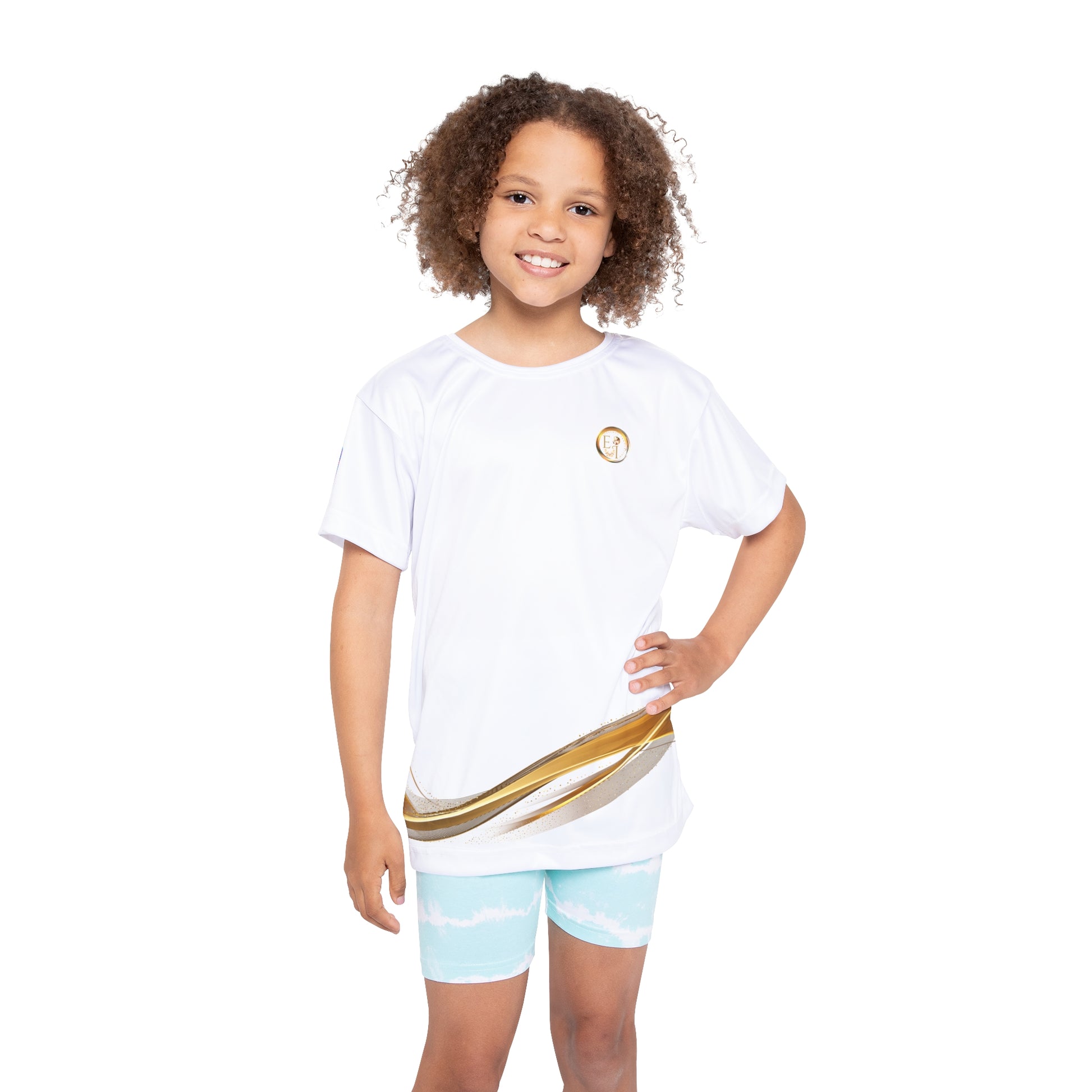Child wearing a white t-shirt with a gold stripe and essence innovation logo on a white background