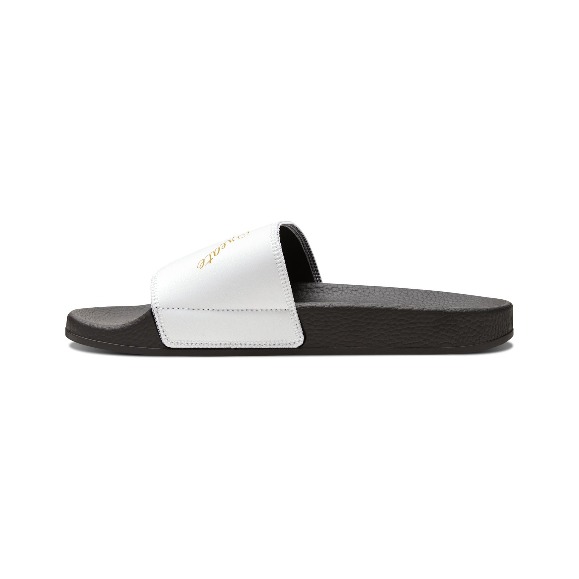Black EssenceInnoCreate slides sandal with a colorful logo on a white background